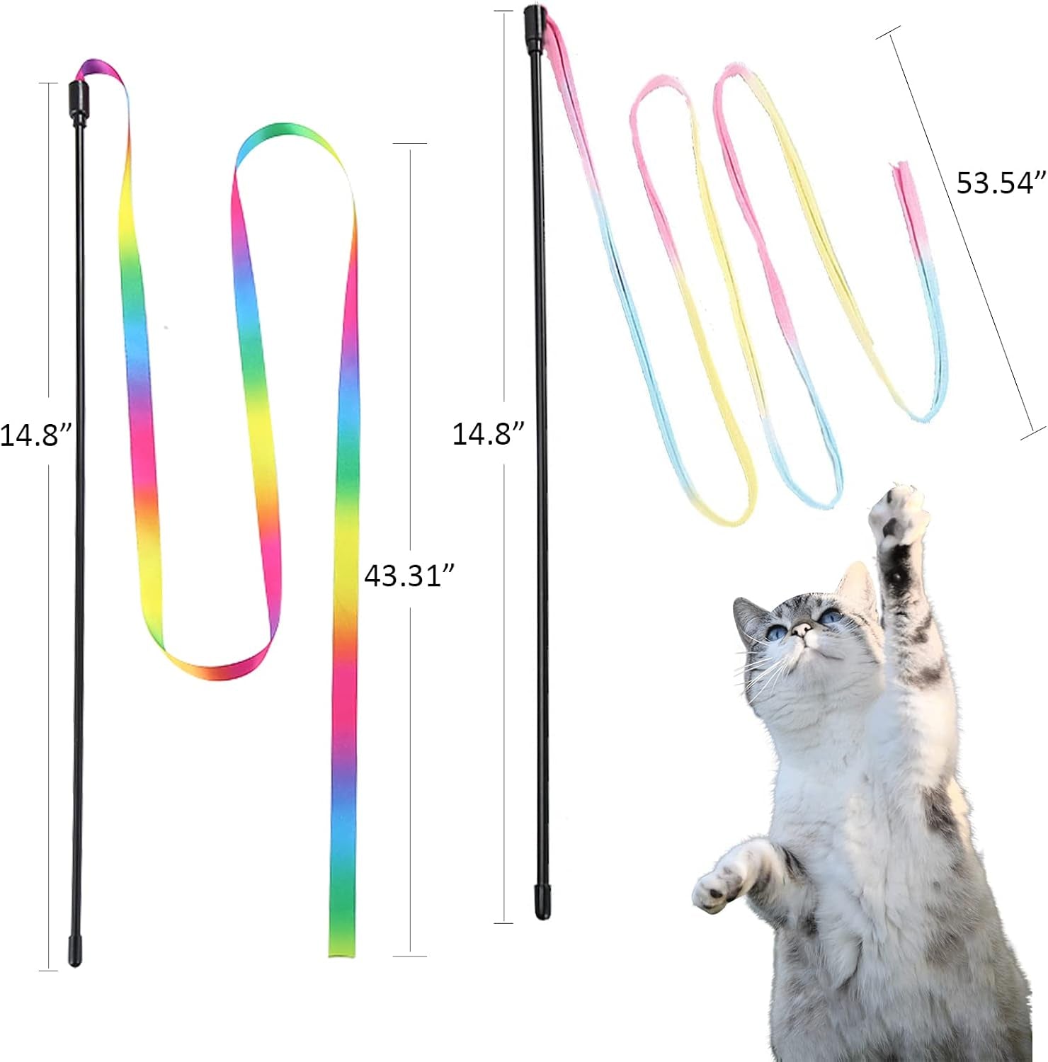 2 Pieces Interactive Cat Rainbow Wand Toys, Kitten Ribbon Toys, Colorful Cat String Teaser Wand - Pet Ribbon Dance Charmer for Cats Kittens Indoor Training Exerciser, Cats Toys for Strengthen Relation