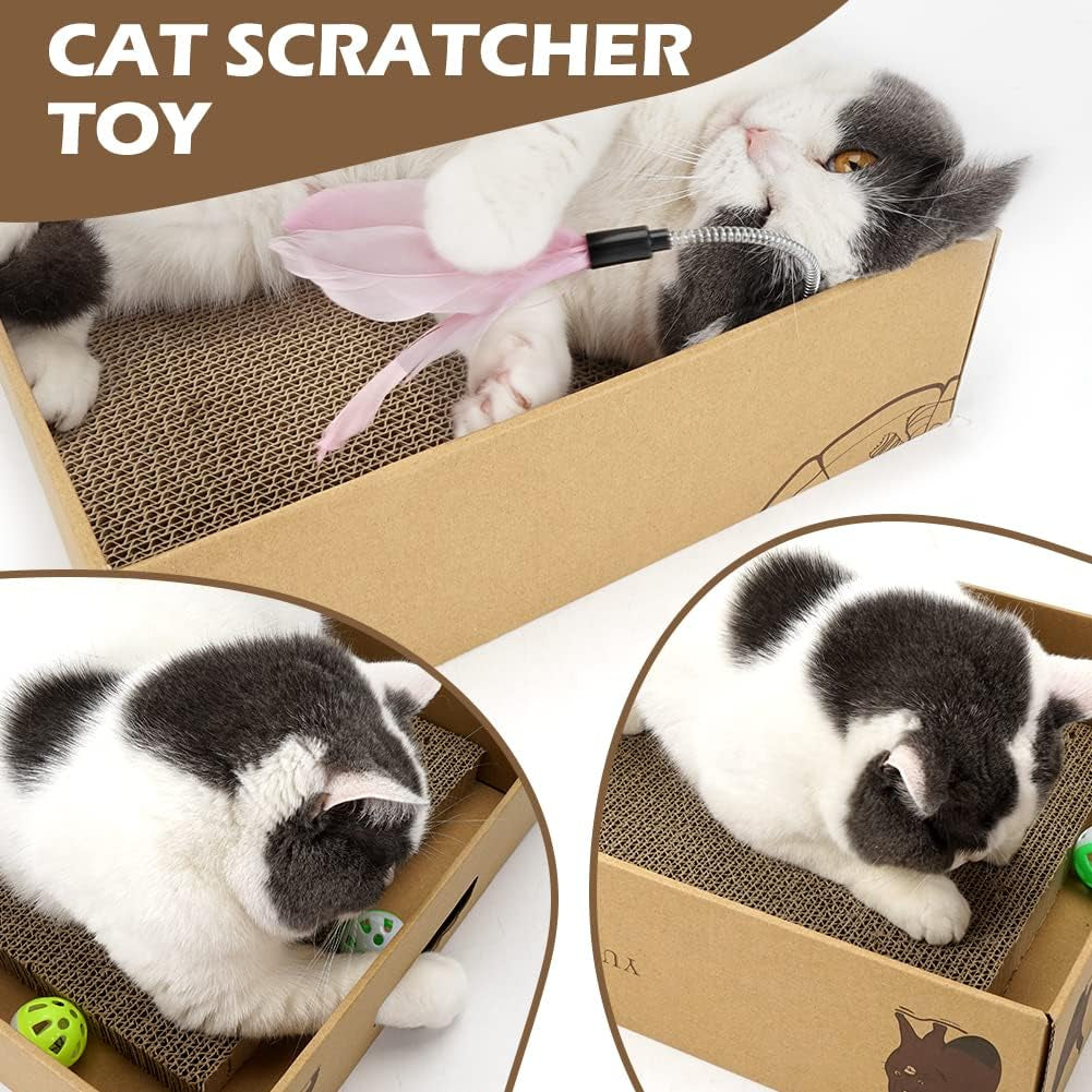 2 Pack Cat Scratcher Box with 3 PCS Scratching Pads, Reversible Corrugated Cardboard Lounge Bed with Feather Toy and Balls Recyclable Cat Scratcher Cardboard for Indoor Cats