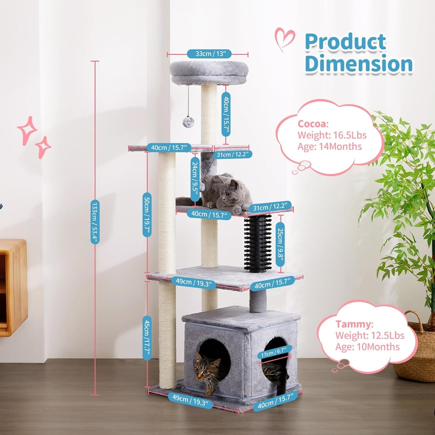 Made4Pets Cat Tree, 52.4" Tall Cat Tower for Indoor Cats, Multi-Level Large Cat Condo with Scratching Posts and Pompoms, Plush Kitten Climbing Tower with Cat Grooming Brush and Perch, Grey