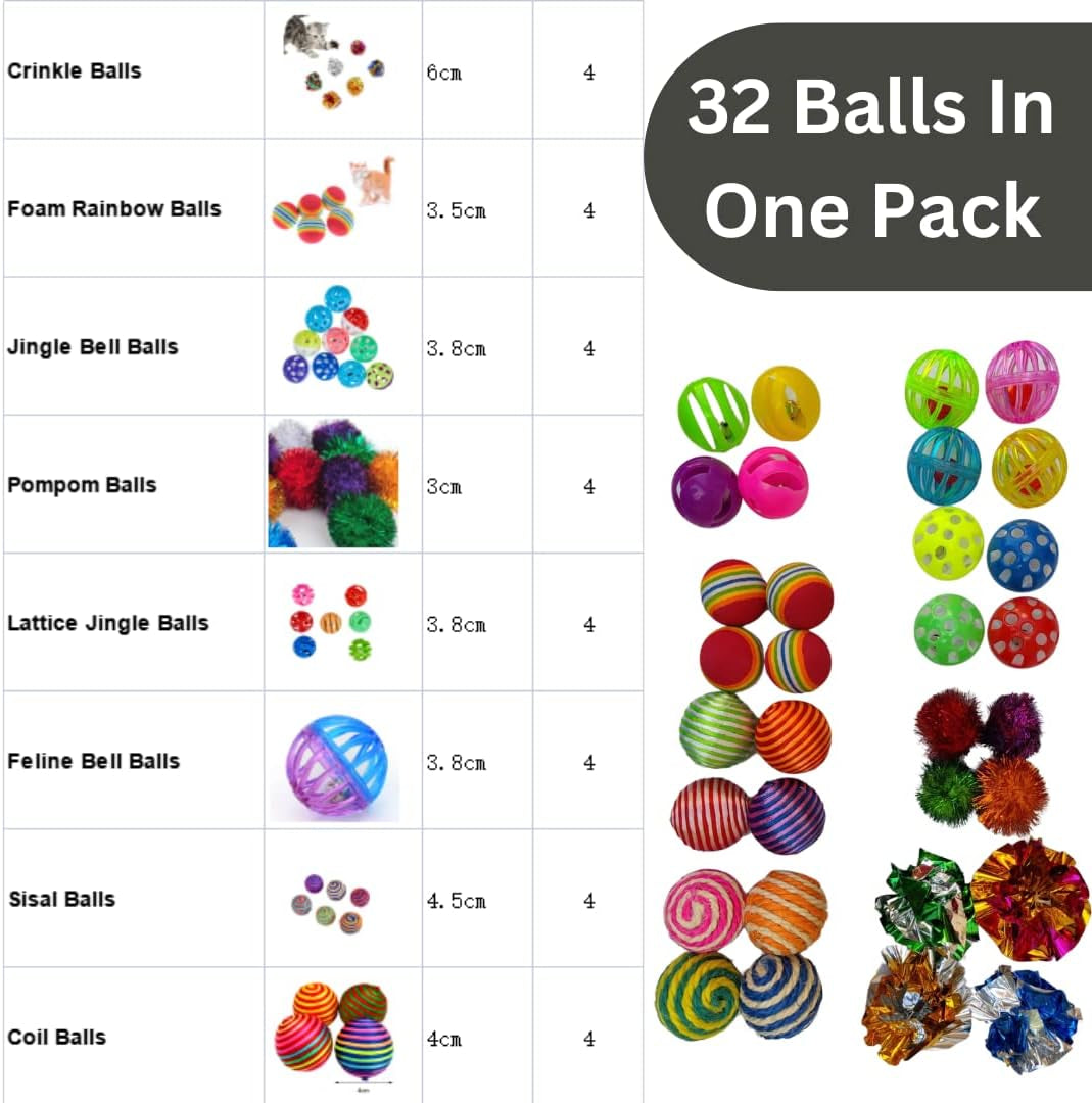 32 PCS Cat Toys, Kitten Cat Ball Toys Assortments, Including Rainbow Ball, Crinkle Ball, Sparkle Ball, Bell Balls, Sisal Ball, Linen Ball for Cats and Kitten