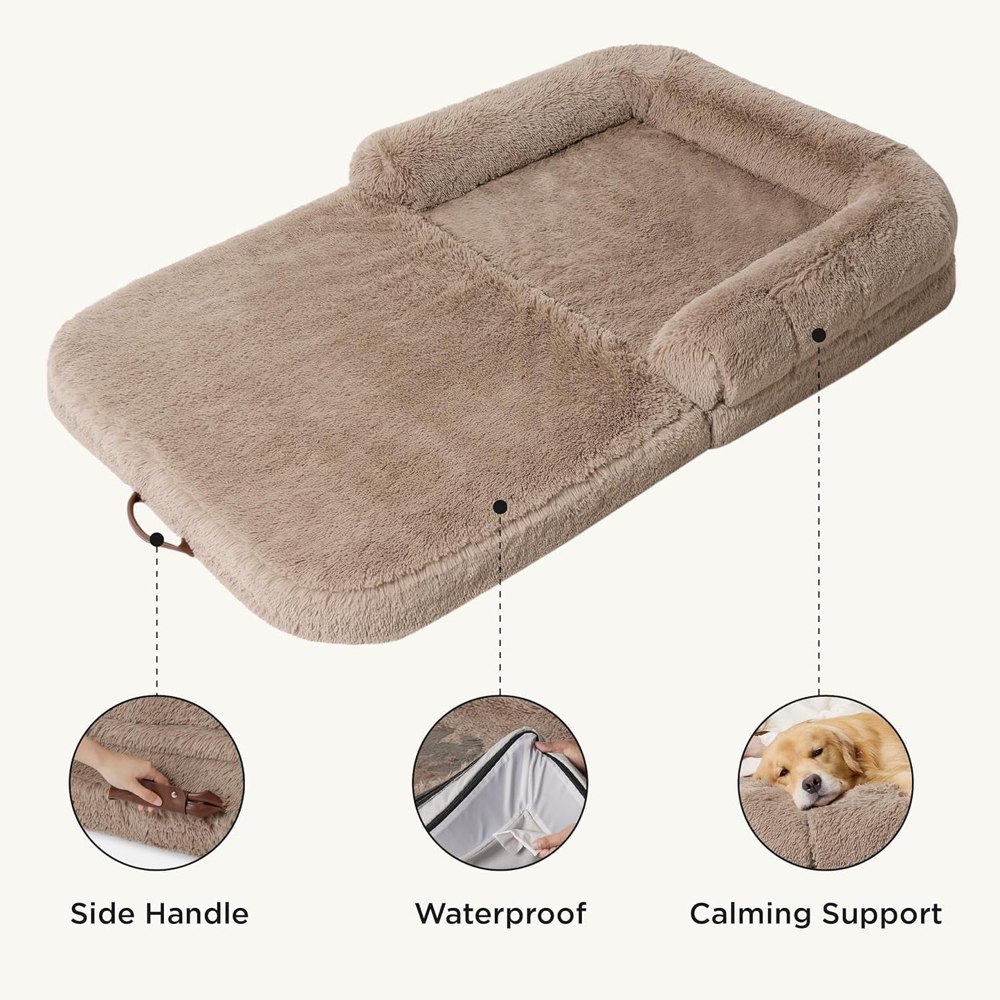 Bedsure Foldable Human Dog Bed for People Adults, 2 in 1 Calming Human Size Giant Dog Bed Fits Pet Families with Egg Foam Supportive Mat and Waterproof Liner, Faux Fur Orthopedic Dog Sofa, Camel