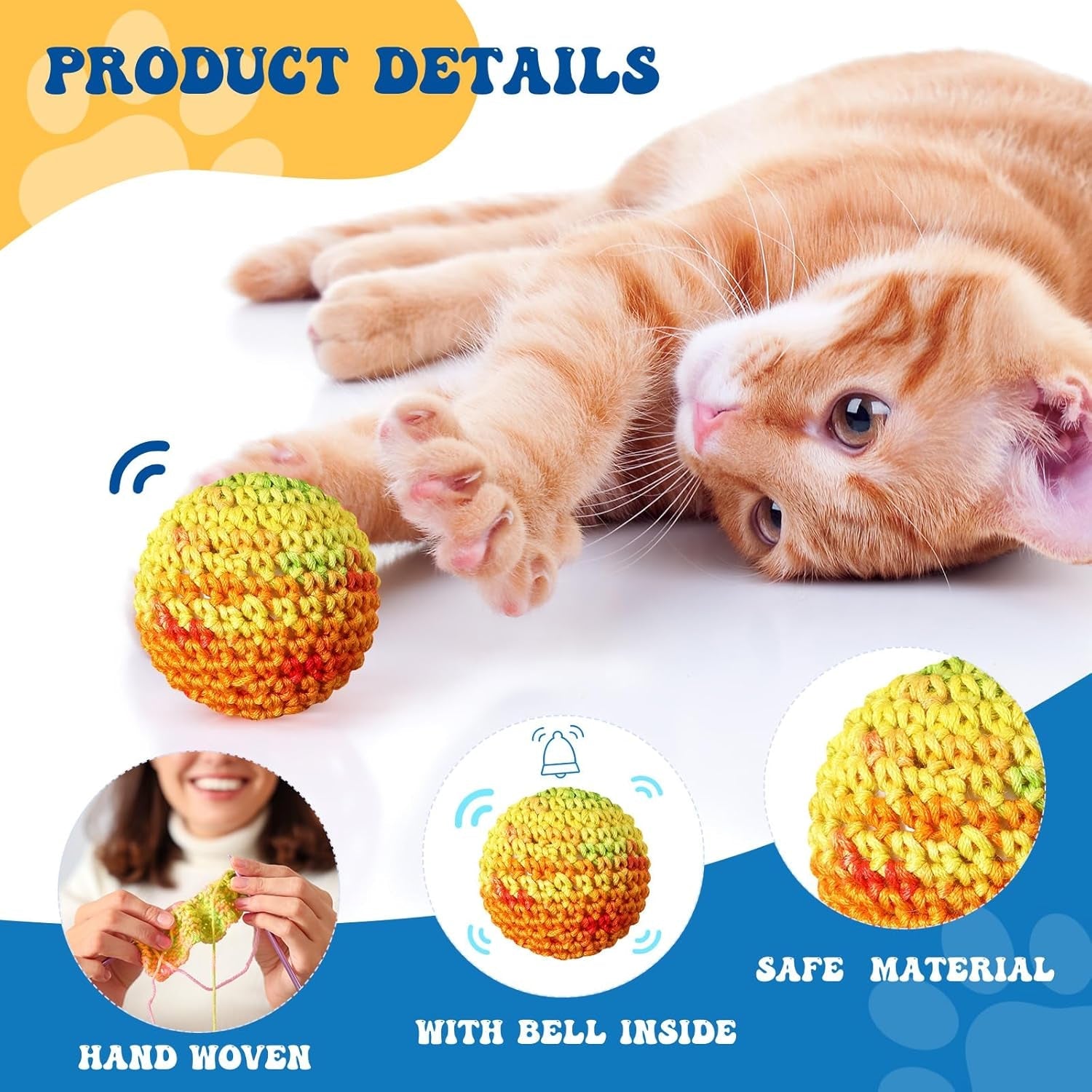 16 Pack Woolen Yarn Cat Ball Toy with Bell inside Cat Toys Balls Bulk Cat Toys for Indoor Cats Interactive Colorful Cat Chew Toys for Kitty Kitten Hand Knitted Rainbow Cat Toys Balls Pet Gift