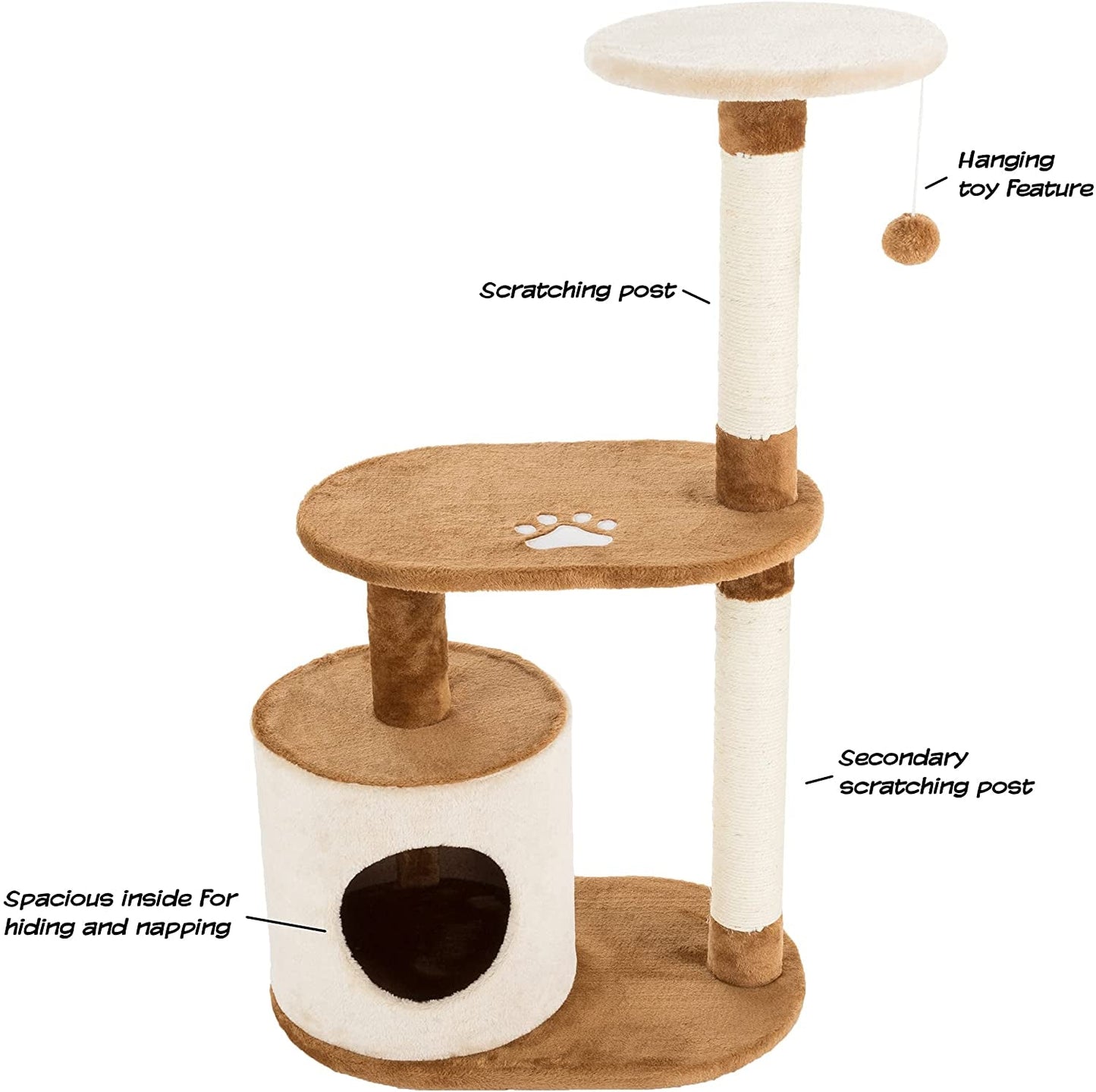 3-Tier Cat Tree - 2 Napping Perches, Kitten Condo, 2 Sisal Rope Scratching Posts, and Hanging Toy - Tower for Indoor Kitties by PETMAKER (Brown)