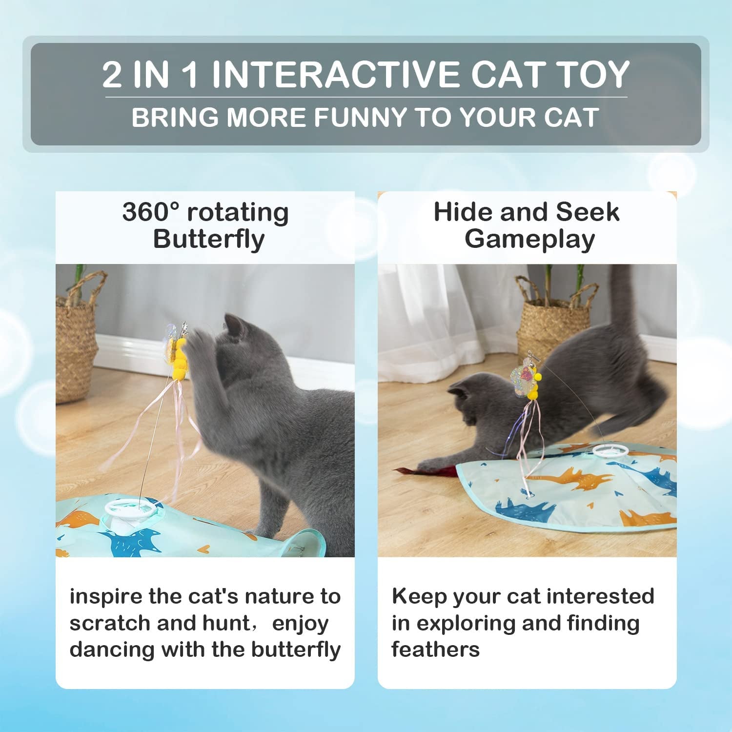 2-In-1 Rechargeable Motion Activated Interactive Cat Toys for Indoor Cats, Long Lifetime Motor Cat Chasing Toy for Exercise/Moving Butterfly/Feather Wand Kitten Toys