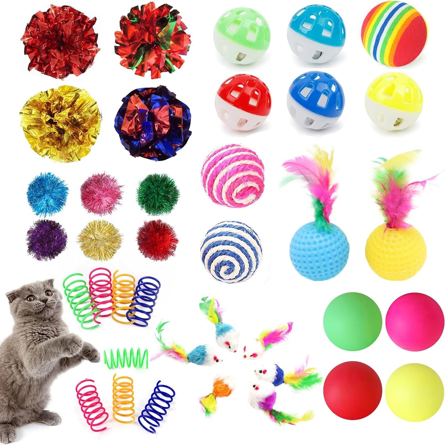 38 Pcs Cat Toy Kitten Toys Assortments, Interactive Cat Toy Balls with Bells, Including Furry Cat Toy Mice, Crinkle Ball, Sisal Ball and Ping-Pong for Cat Puppy Kitten