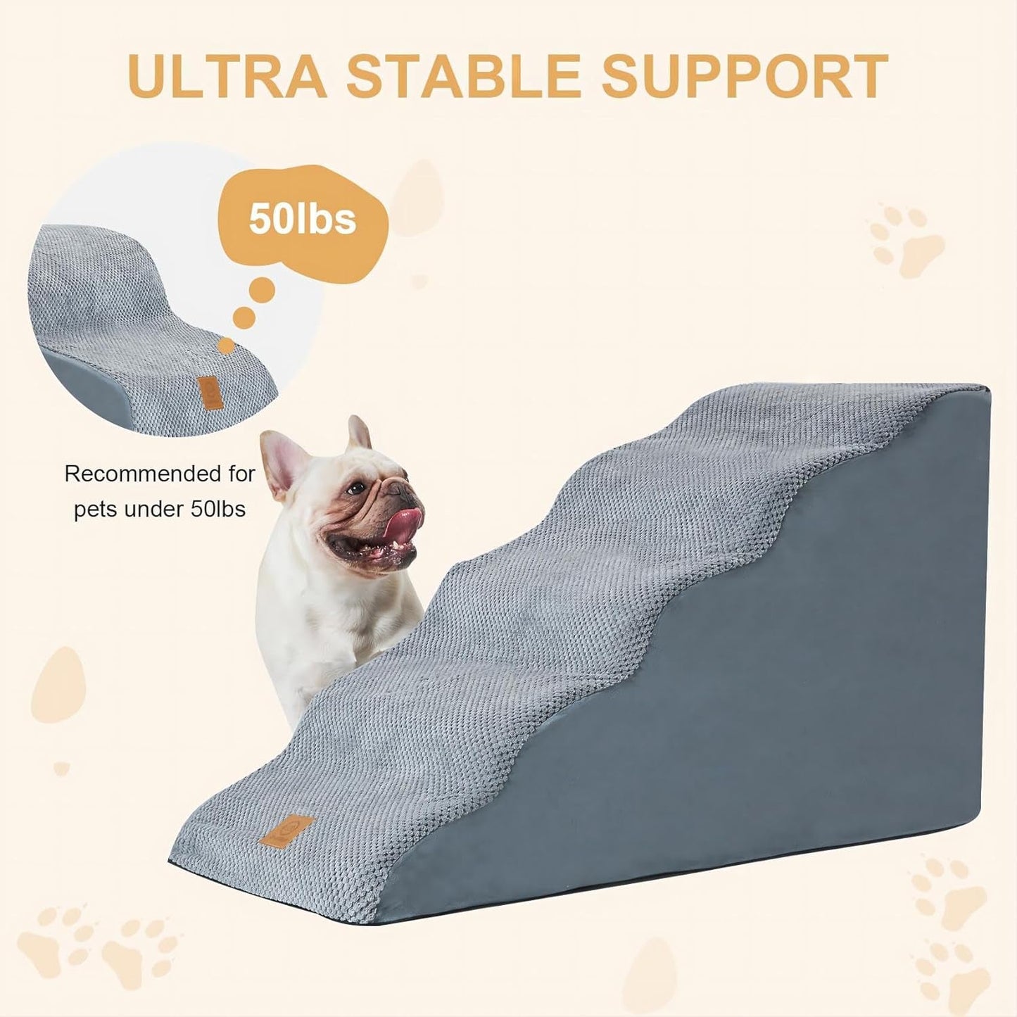 Dog Stairs & Steps for Small Dogs Cats with Premium Nail Clipper, 5 Steps Pet Stairs for High Bed Couch, Ultra Stable Dog Steps with High Density Soft Touch Foam, 2-Pack Hair Removers for Cleaning