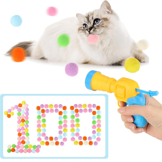 2 Packs Cat Toys Balls and Launcher Set, 100 Cat Pom Pom Balls & 2 Cat Toy Launchers, Interactive Cat Toys with Colorful and Soft Cat Balls, Active Cat Exercise Toys for Indoor Cats