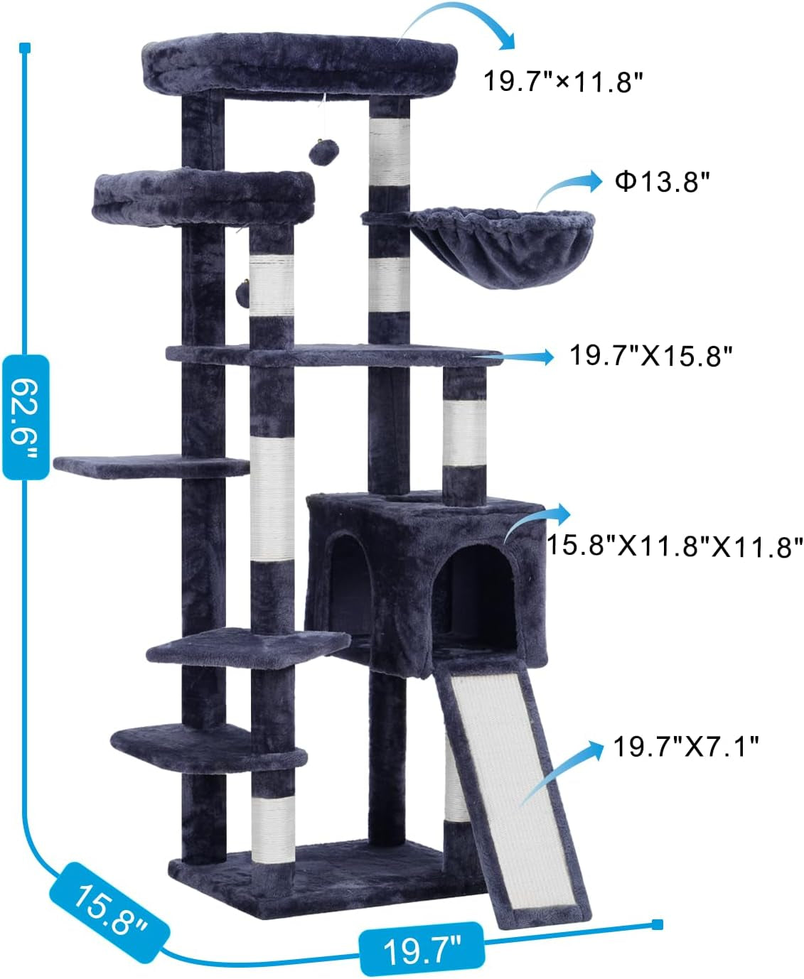 Hey-Brother Cat Tree for Indoor Cats, 62.6" Cat Tower with Scratching Post, Cat Condo with Two Large Platforms, Hammock, Big Scratcher, Smoky Gray MPJ029G