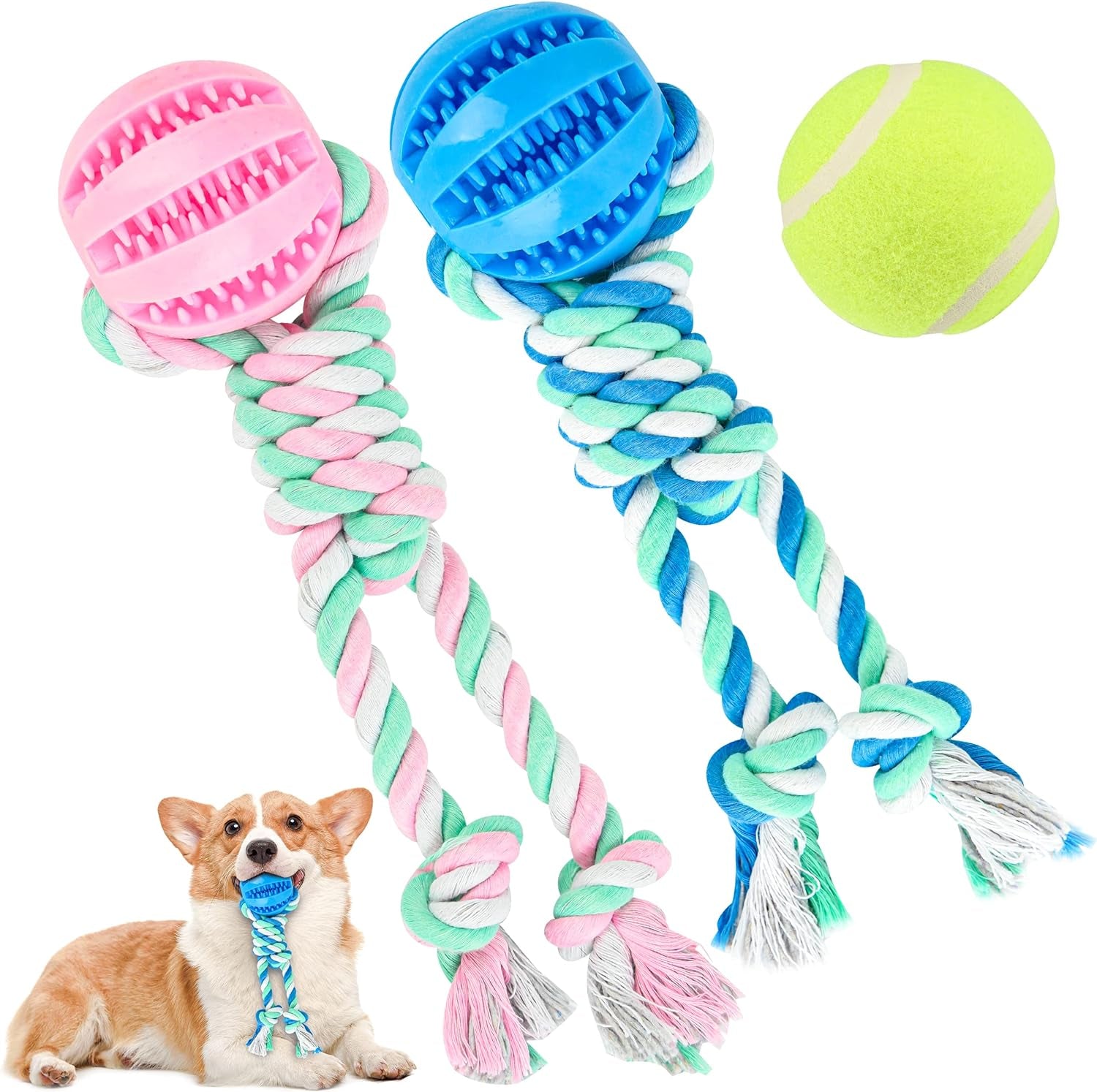 2 Pcs Ball on Rope Dog Toy, Dog Treat Toy Ball, Dog Tooth Cleaning Toy, Rope Ball Toy for Puppy Small & Medium Dog, Ball with Rope Dog Toy, Interactive Dog Toys, Tug of War,Tennis Ball