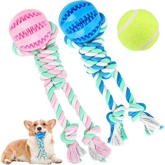 2 Pcs Ball on Rope Dog Toy, Dog Treat Toy Ball, Dog Tooth Cleaning Toy, Rope Ball Toy for Puppy Small & Medium Dog, Ball with Rope Dog Toy, Interactive Dog Toys, Tug of War,Tennis Ball