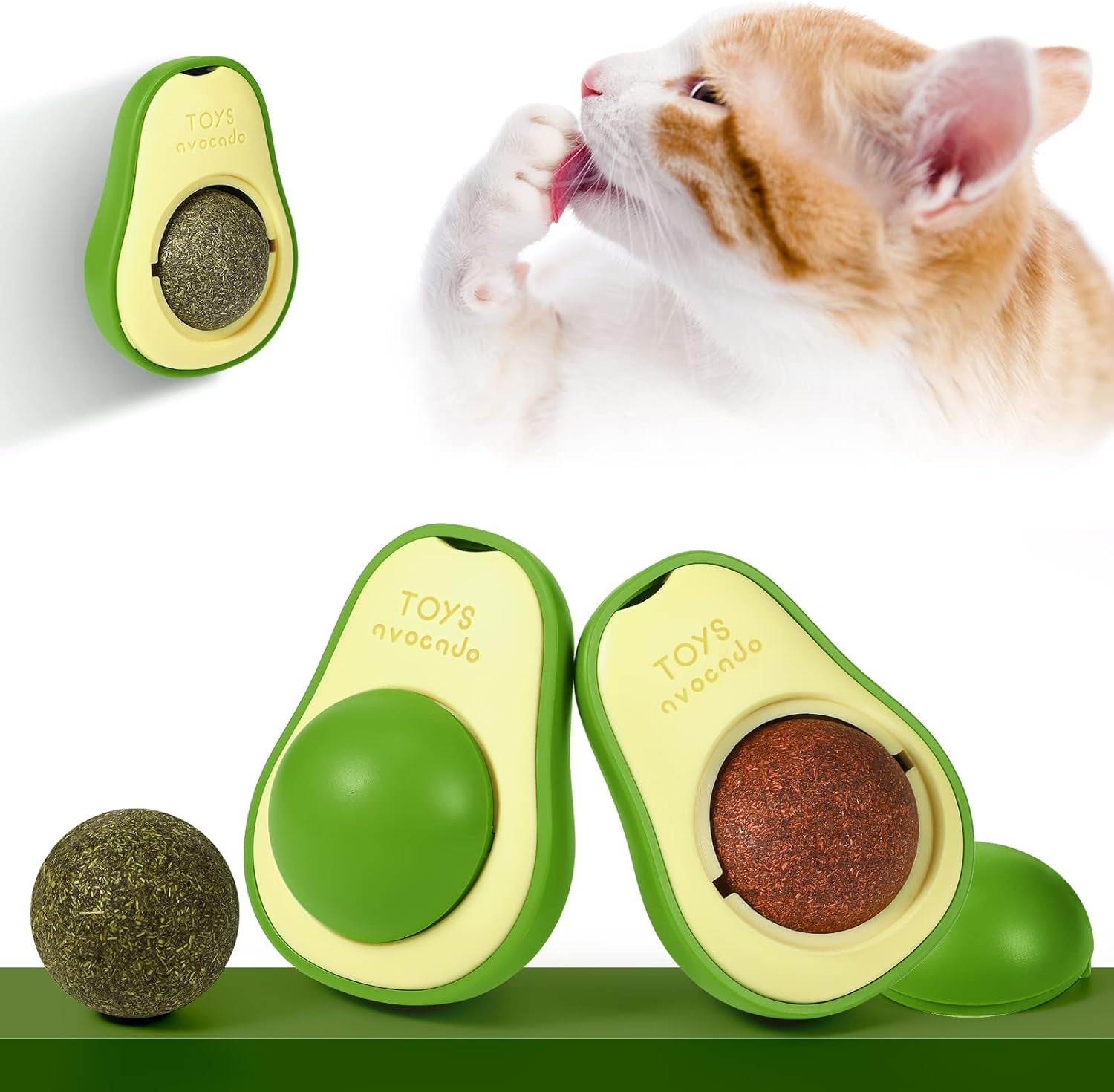 2 Pack Avocado Shaped Catnip Wall Ball Toys Catnip Edible Licking Ball Cat Treat Toy Rotatable Catnip Ball Edible Kitten Avocado Toy Pet Chew Toys for Cats Lick Teeth Dental Catnip Wall Treats