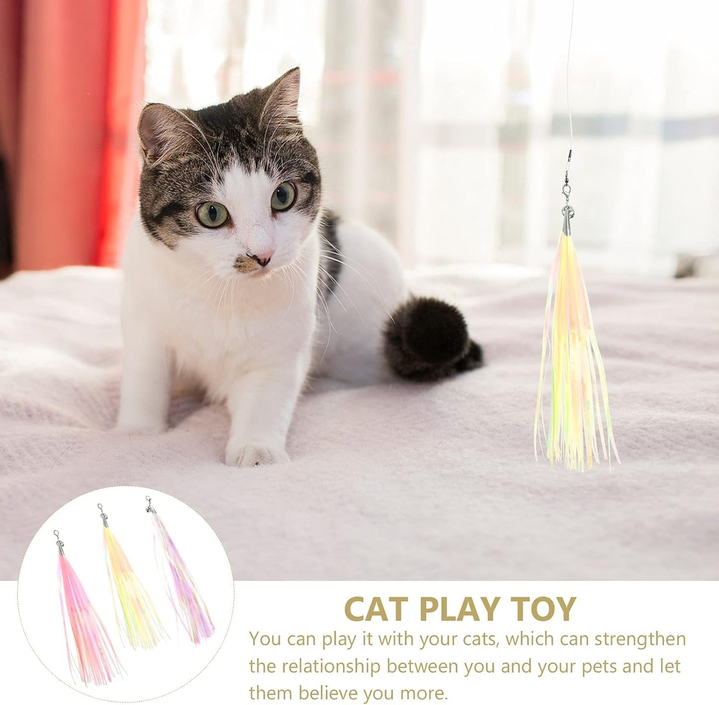 3Pcs Pet Cat Toys Funny Cat Teasing Stick Tassel Replacement Heads with Bell- Dog Toy