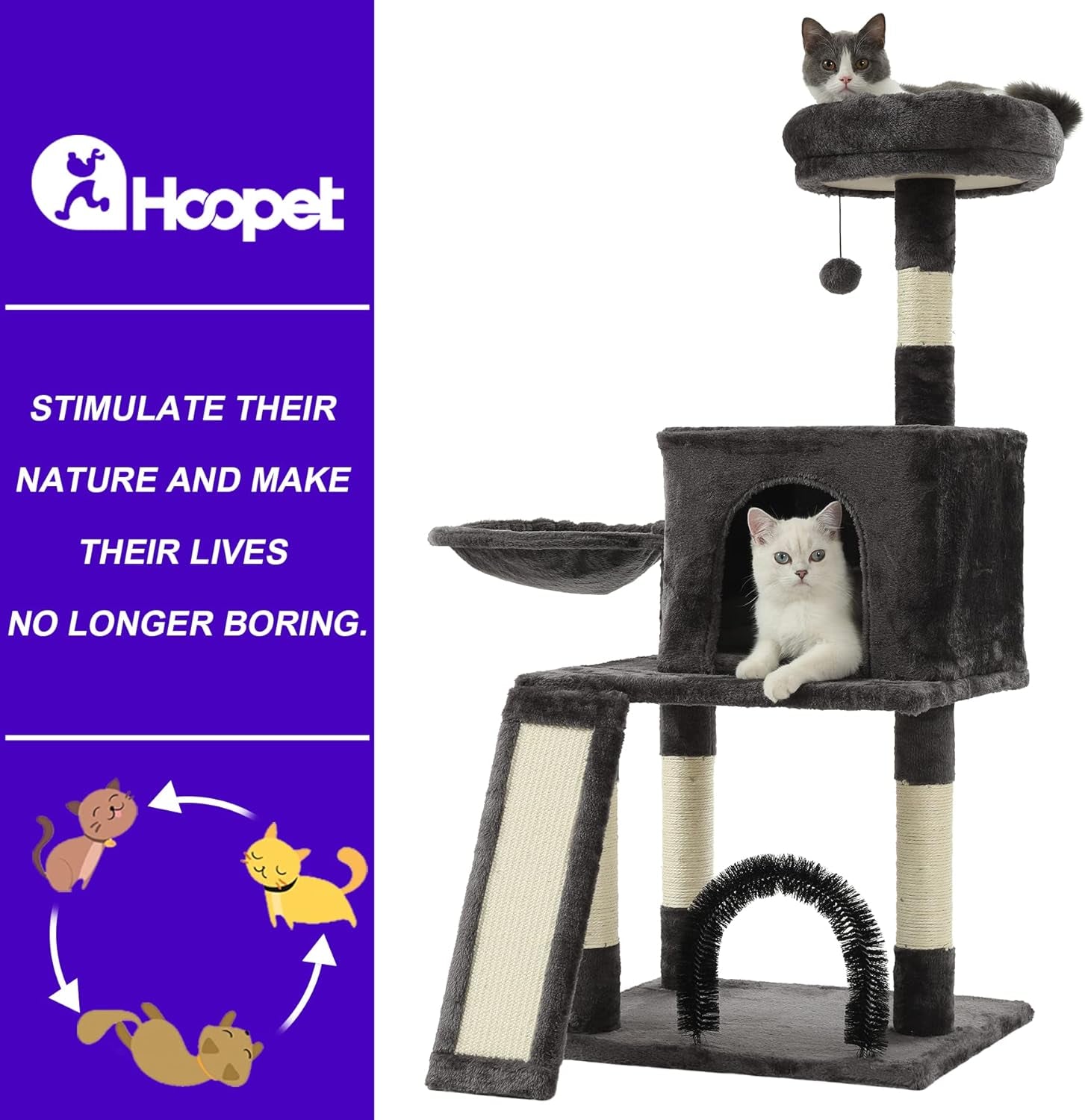 HOOPET Cat Tree,44 Inches Cat Tower for Indoor Cats, Multi-Level Cat Activity Center with Scratching Posts&Board， Extra Large Viewing Perch, Cozy Napping Hammock, and Privacy Condo for Kittens/Cats