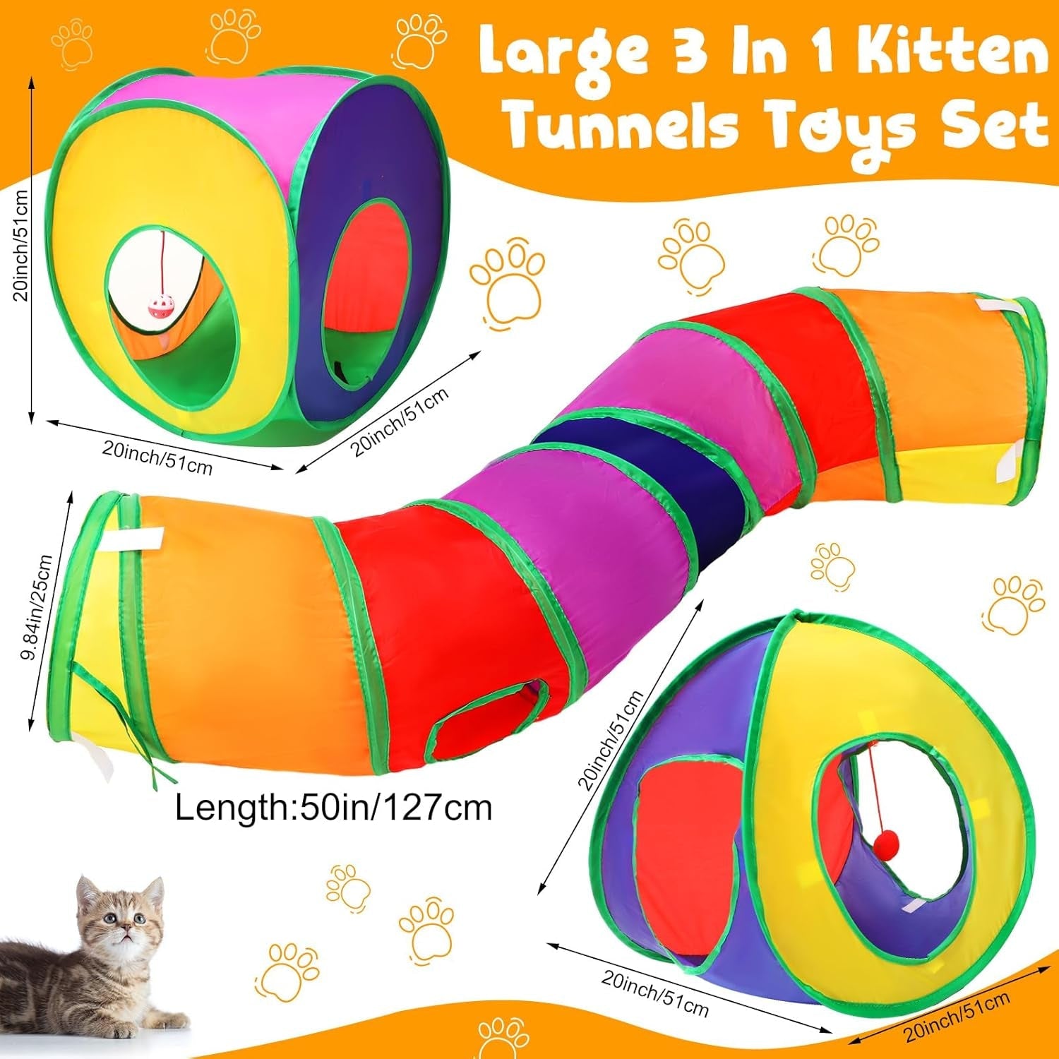 21 Pcs Cat Tunnels for Indoor Set, 3 In1 Collapsible Cat Tunnel Toy with Cube Tent Toys Combo and 20 Pcs Interactive Kitty Toys Cat Feather Toy Fluffy Mouse Crinkle Balls for Kitten Puppy