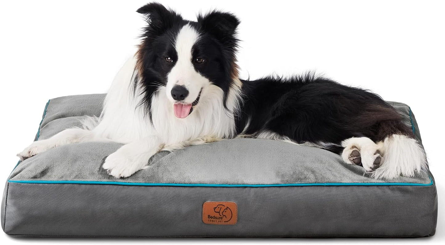 Bedsure Entire Waterproof Large Dog Bed - 4 Inch Thicken up to 80Lbs Large Dog Bed with Removable Washable Cover, Pet Bed Mat Pillows, Grey