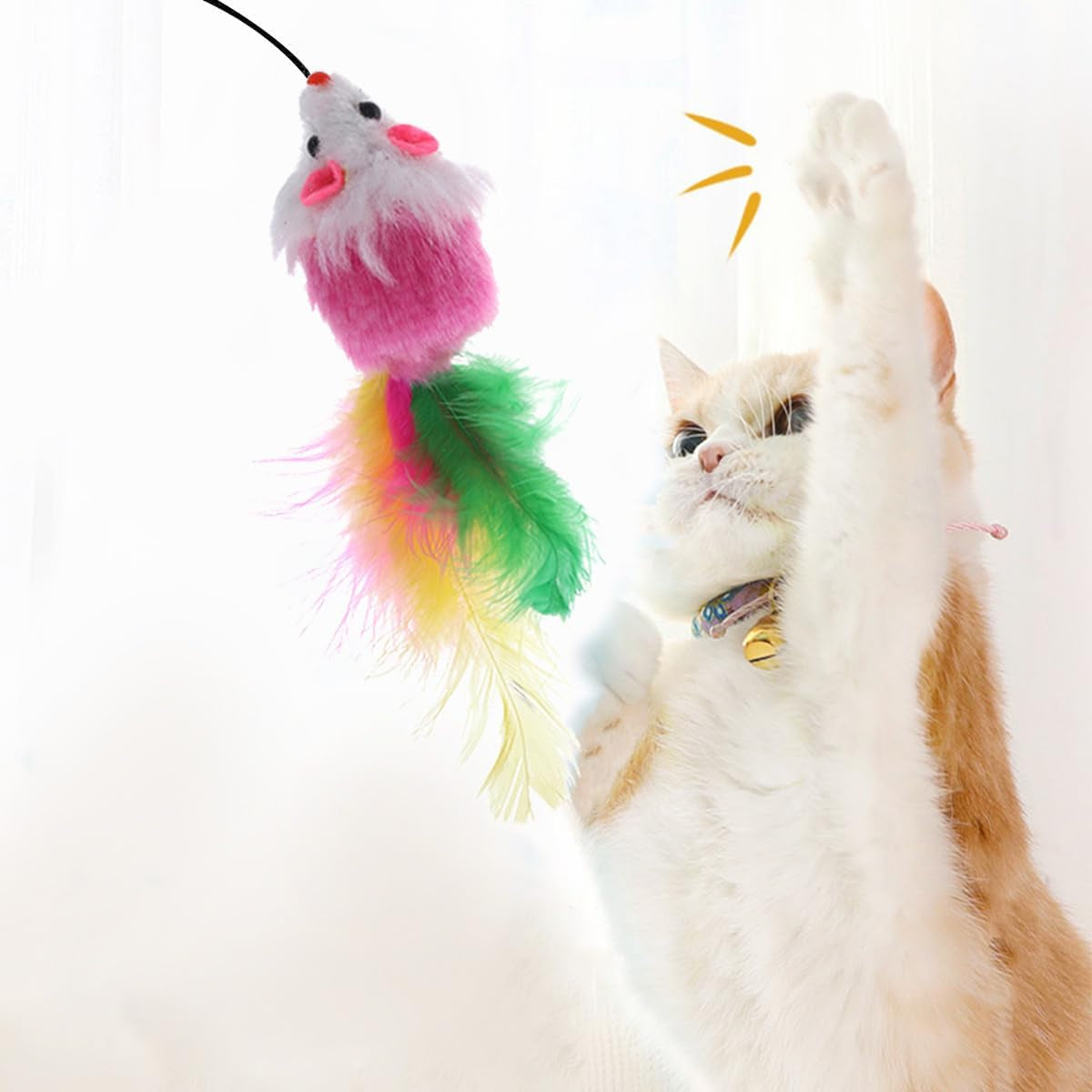 10 PCS Furry Pet Toys Mice Cat Toy Mouse Cat Catcher Toys with Feather Tails(Random Color)