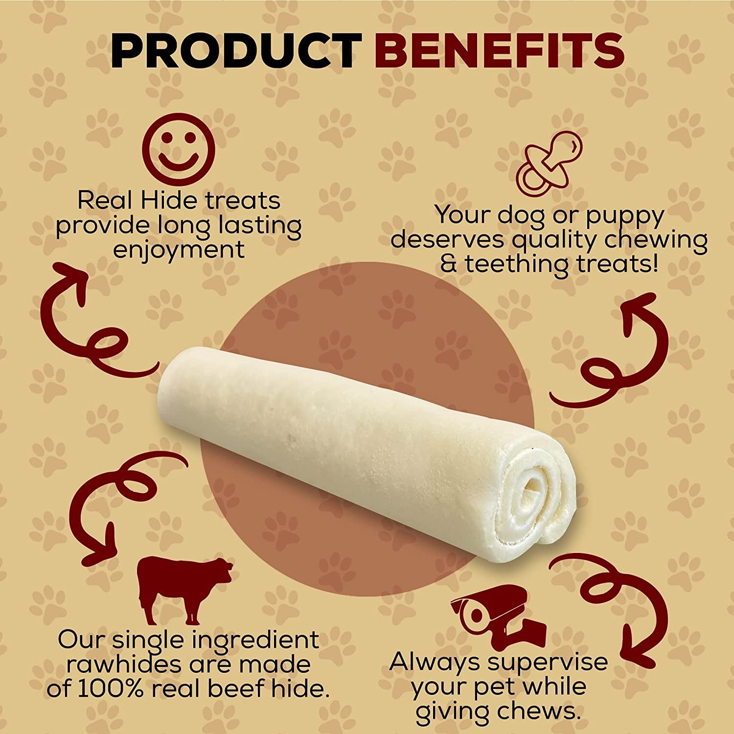 | All Natural Dog Chew Treats - Premium Rawhide Rolls, 9-10 Inch - Long Lasting Grass Fed Free Range Beef Hide - Medium/Large Dogs - 20 Count