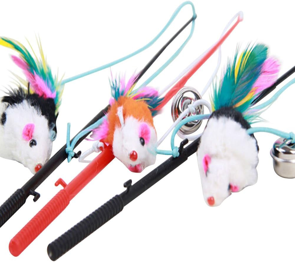 3Pcs Funny Pet Feather False Mouse with Plastic Stick 31Cm and Small Bell Cat Kitten Playing Scratch Toy (Color Random)