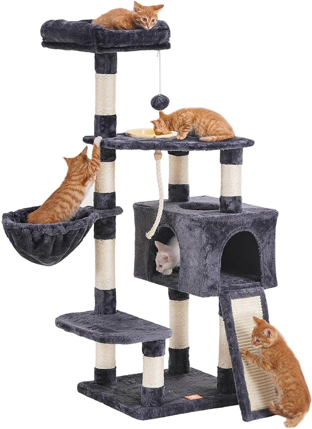 Heybly Cat Tree with Cat Self Groomer Brush, Cat Tower Condo for Indoor Cats with Padded Plush Perch,Feeding Bowl,Cat House with Basket Scratching Board Post, Light Gray HCT005SW