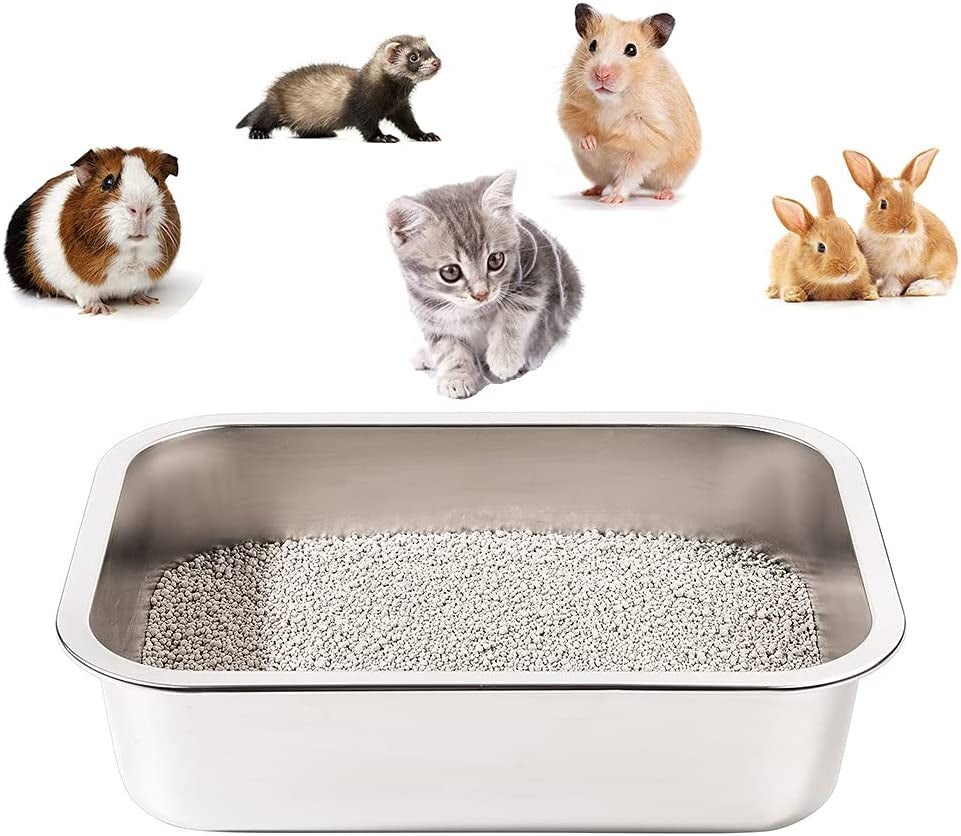 Yangbaga Stainless Steel Litter Box for Cat and Rabbit, Odor Control Litter Pan, Non Stick, Easy to Clean, Rust Proof, Large Size with High Sides and Non Slip Rubber Feets