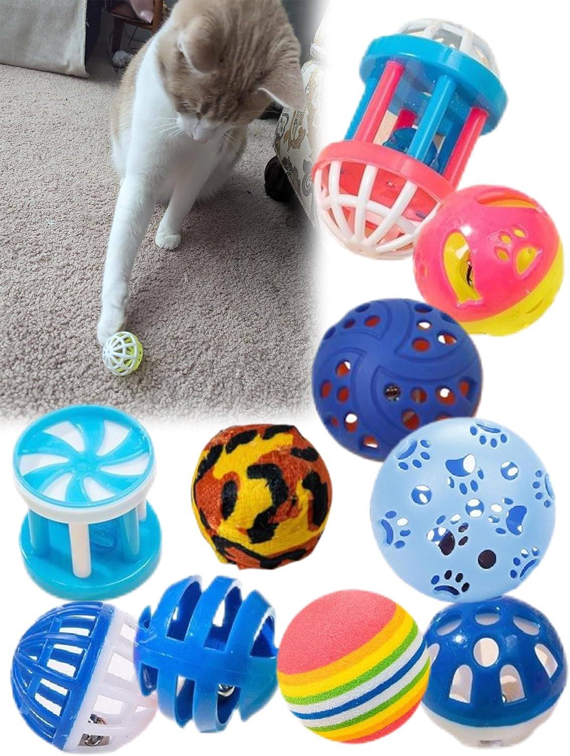 10 Pcs 1.5''~2.2'' Big Cat Toy Ball with Bell, Plastic Lattice Jingle Balls, for All Breed Sizes