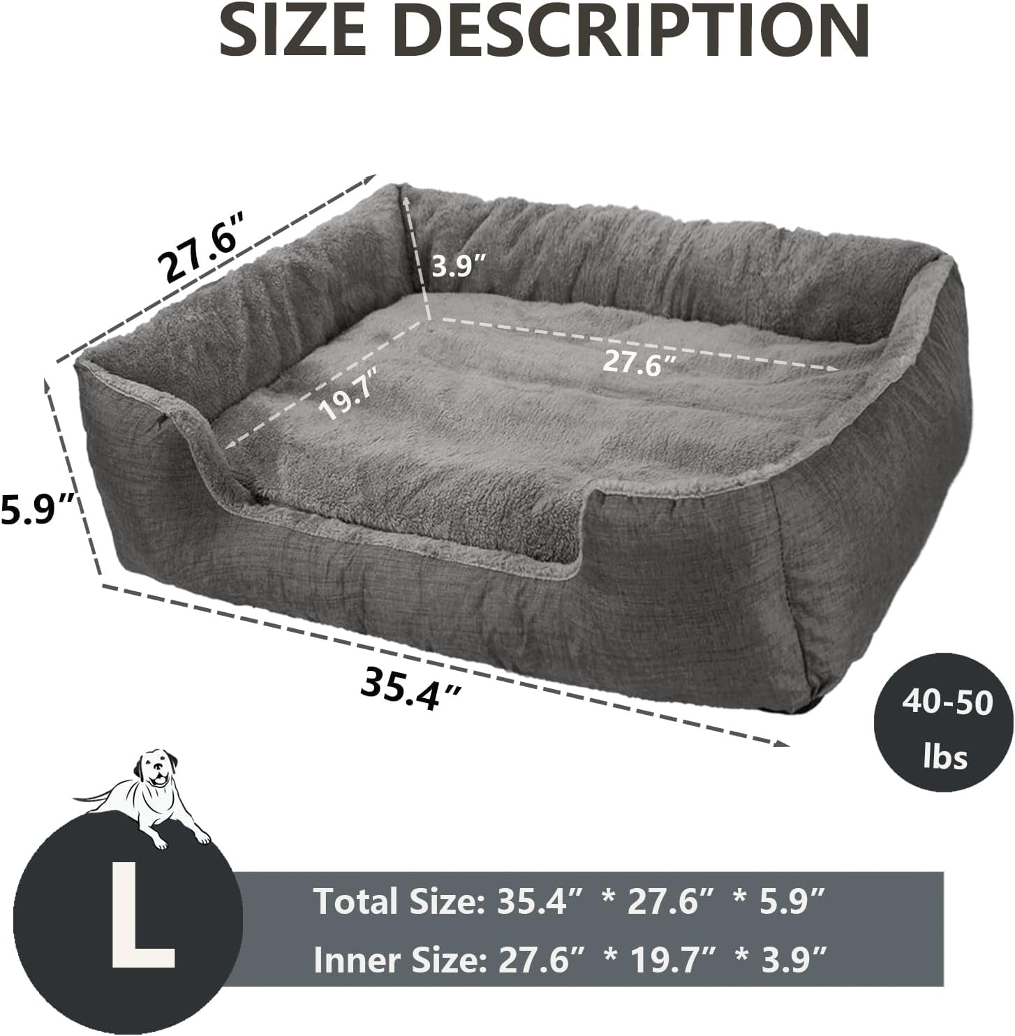 Dtxdtech Dog Beds for Large Dogs,35.4'' X 27.6'',Pet Bed Inner Waterproof Dog Bed with Non-Slip Bottom for Medium Dog,Rectangle Square Pet Bed Indoor,Machine Washable,Large,Grey