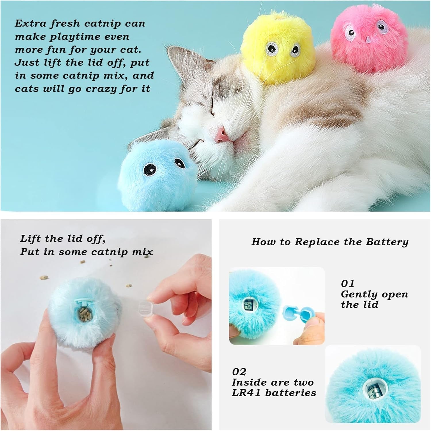 3 Pack Fluffy Chirping Cat Toy Balls, Plush Interactive Cat Ball Toys, 3 Lifelike Animal Sounds Catnip Toys