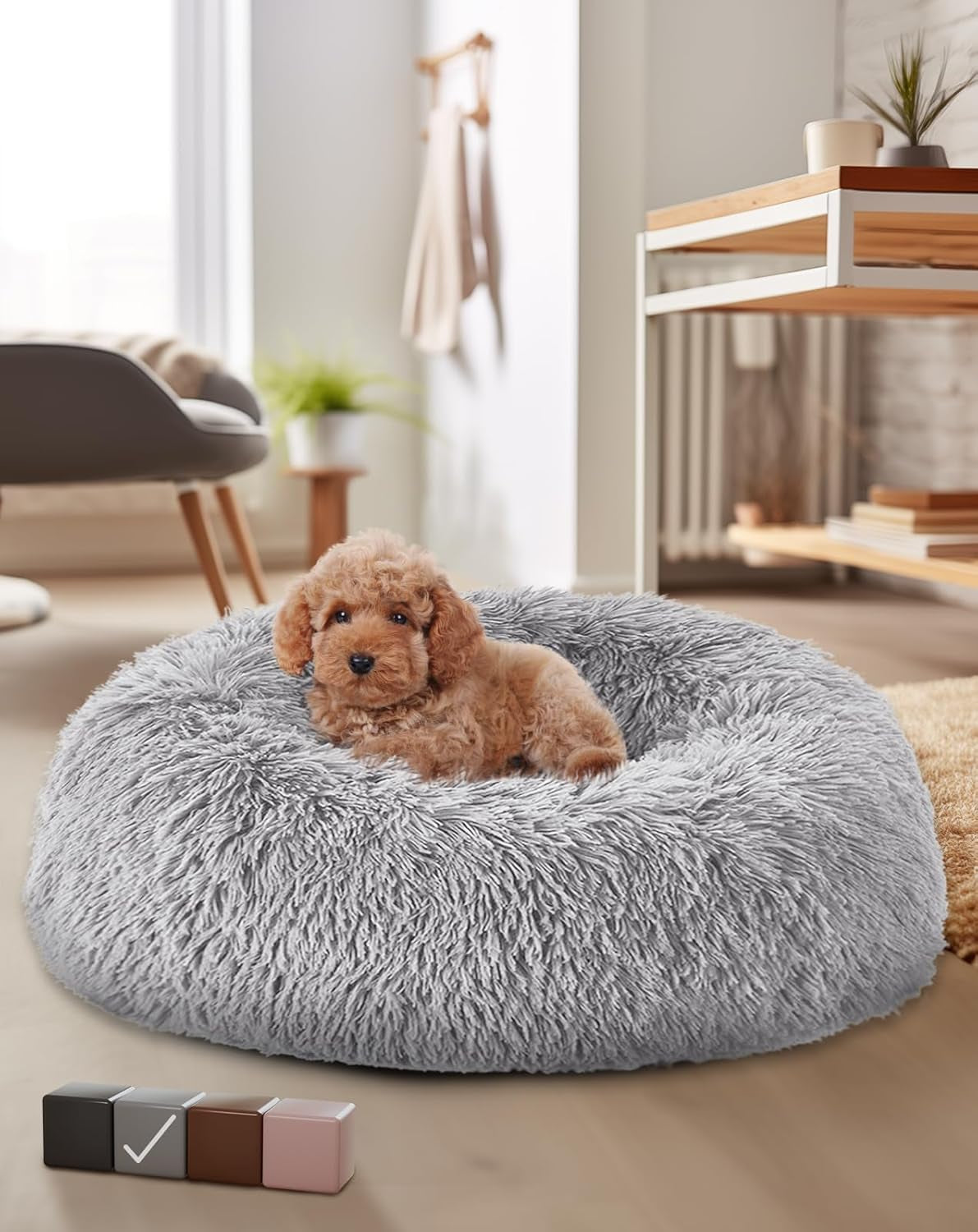 Calming Donut Bed for Dogs and Cats, Ultra Soft Circle Bed, Cozy, Waterproof, Zipper Cover, 23 in Bed, Small Dog Bed (Light Gray)