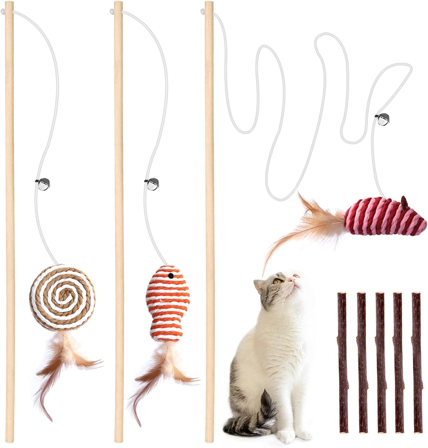 3 PCS Cat Wand Toys, 16 Inch Natural Wooden Cat Teaser Wand Toys with 5 PCS Silvervine Sticks for Cat, Interactive Cat Feather Wand Toy for Indoor Cats, Elastic String Cat Pole Toy with Bell, Feather