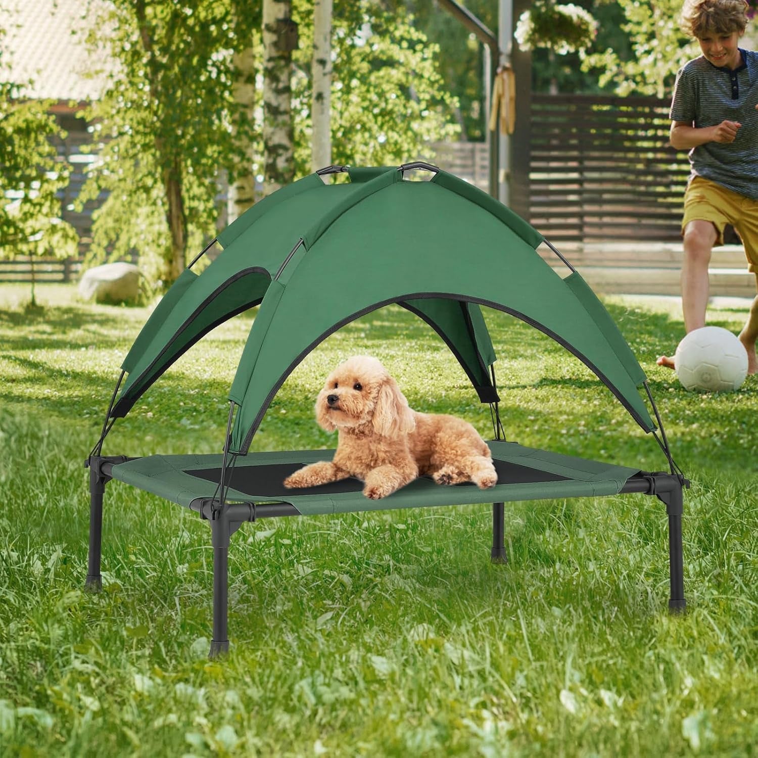 Magshion Elevated Dog Bed with Canopy Raised Indoor/Outdoor Cooling Breathable Mesh Pet Cot Bed for Small Dogs and Cats, Green