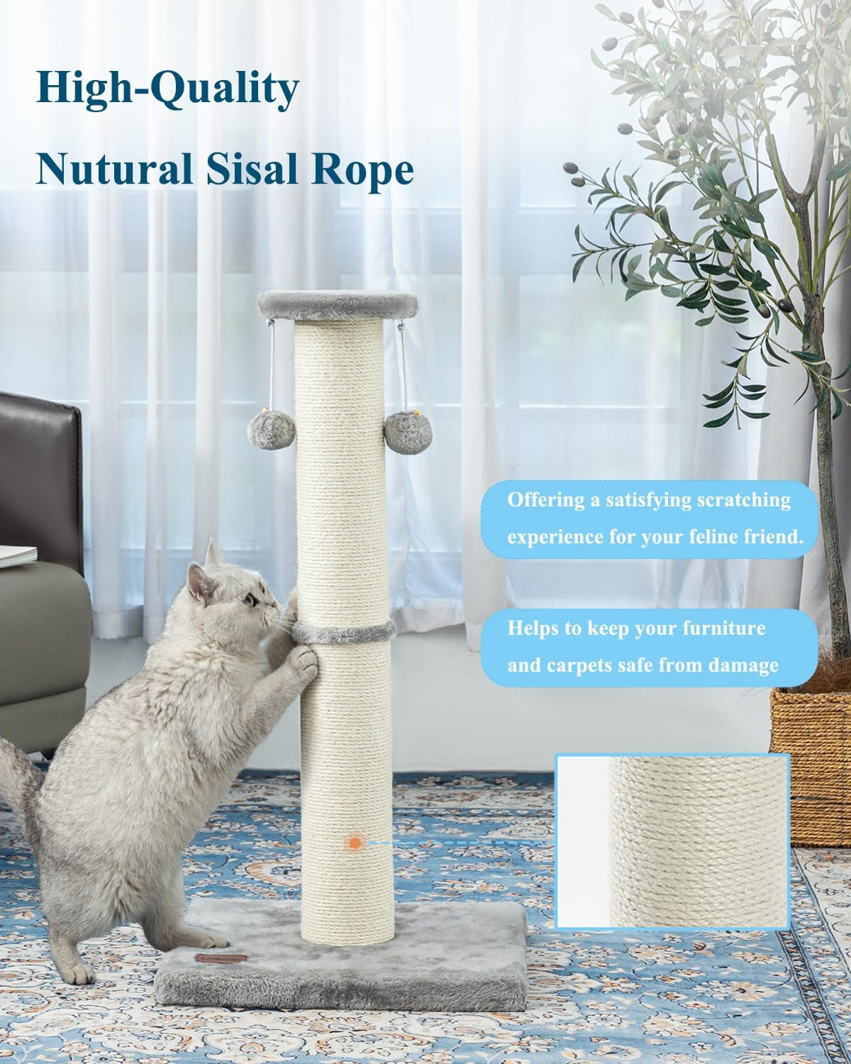 Kilodor 34Inch Tall Cat Scratching Post,4.3Inch Diameter Large Sisal Cat Scratch Post with Ball, Sturdy and Durable Cat Scratcher for Indoor Cats Adults Grey