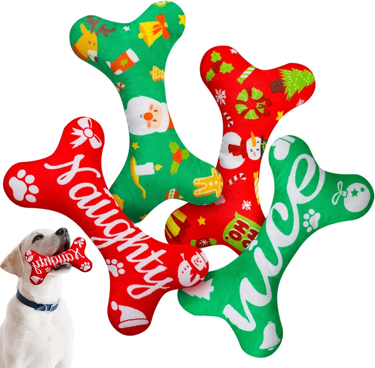 4 Pcs Dog Christmas Toy for Small Medium and Large Breeds, Soft Cotton Filled Squeaky Play, Cute Bone Shape Plush Toys, Xmas Party Gifts, 7 X 5 Inch