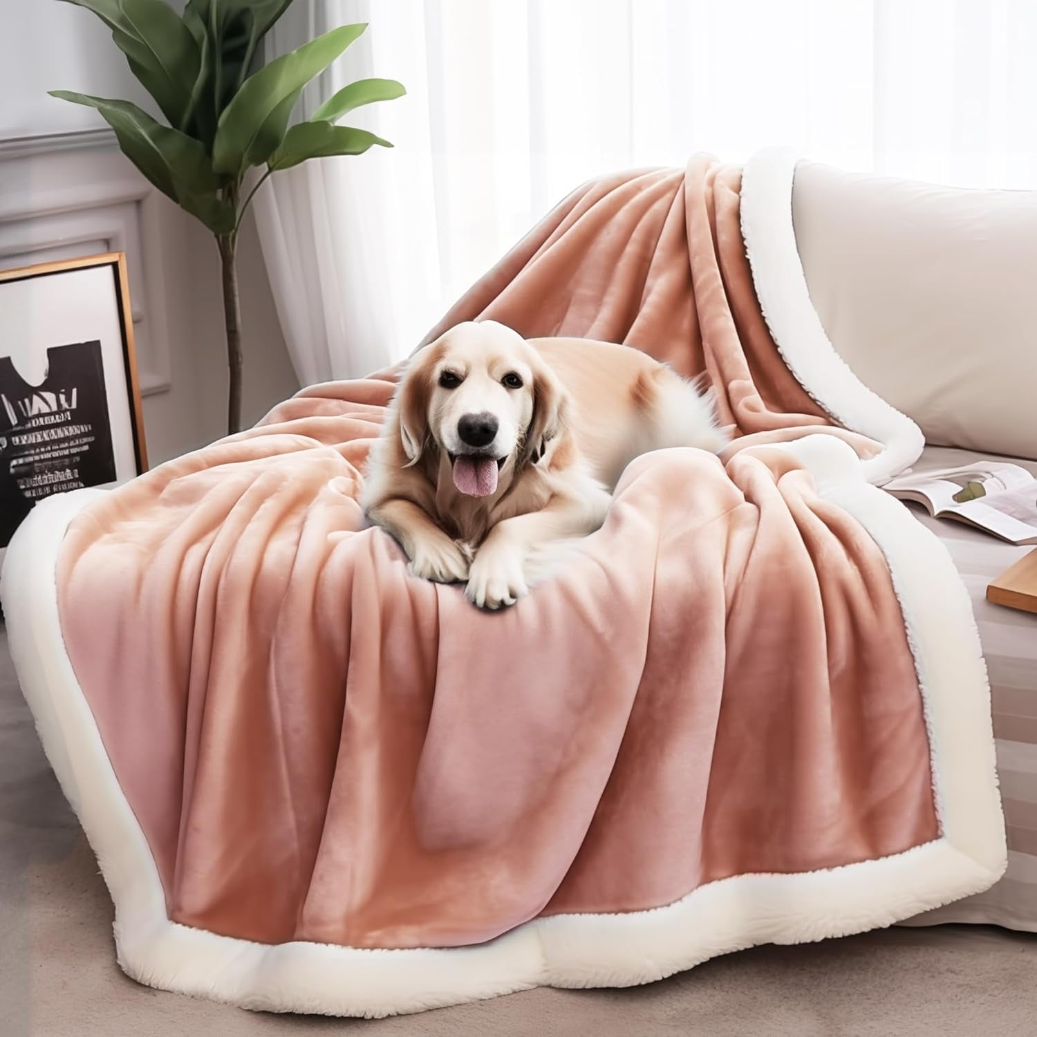 Dog Blankets for Large Dogs, Bed Protector for Dogs, Sherpa Blanket for Pet Hair Resistant Bedding, Puppy Blanket (Pink Beige, XXL 60X80