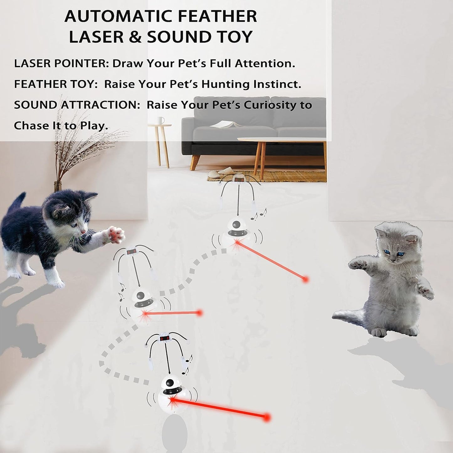 3 in 1 Automatic Interactive Cat Toylaser Pointer 360 Degree Auto Rotating Feather Toy Sound Attraction Cats Kittens Battery Powered for Indoor or Outdoor