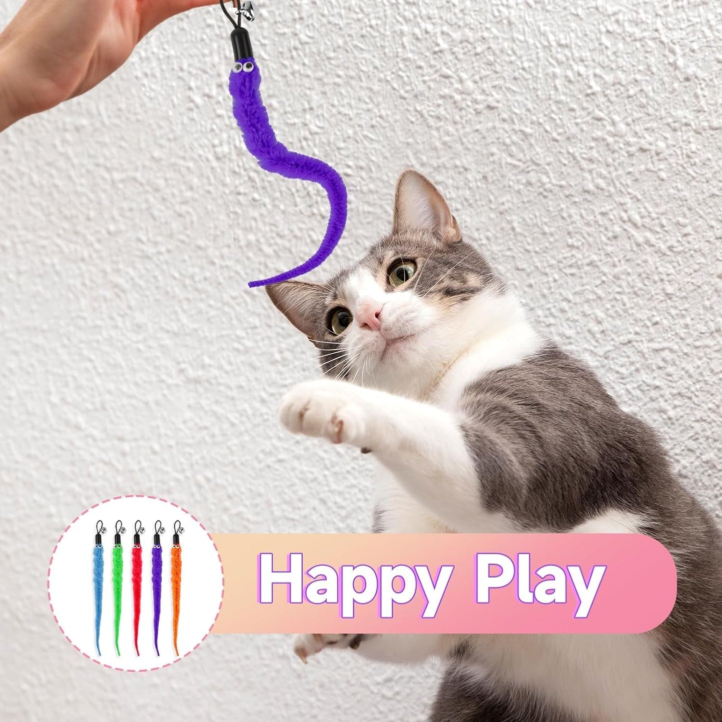 15 Pcs Cat Teasers Wand Toys Cat Worm Toy Cat Worms Refill Cat Wand Replacement Refill Furry Worm Toy with Bells for Cat Small Pet Interactive Supplies