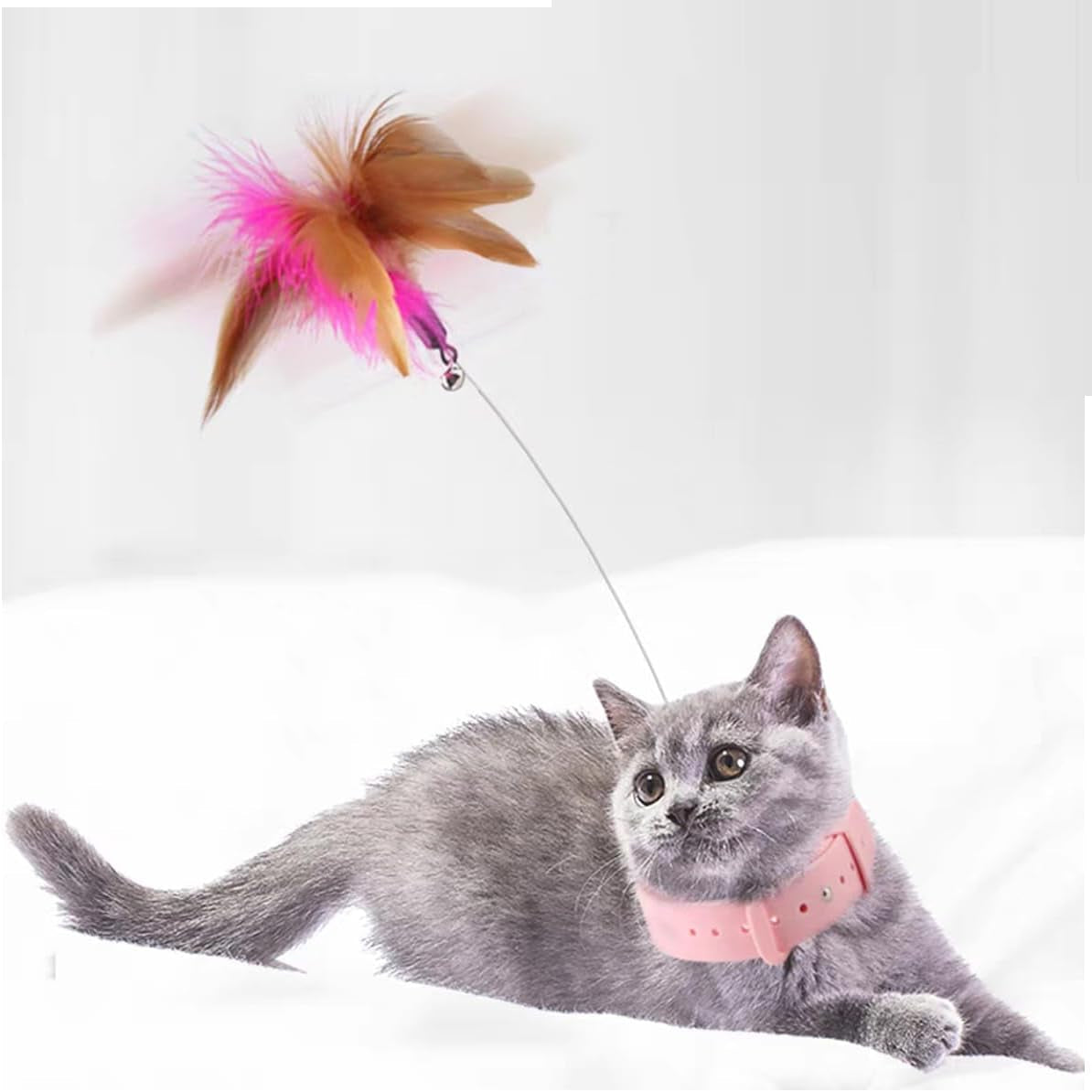 2Pcs Cat Collar Toy, Cat Feather Collar Toys,Cat Teasing Wand Silicone Collar Hands Free Toy with Bell and Feathers for Cats