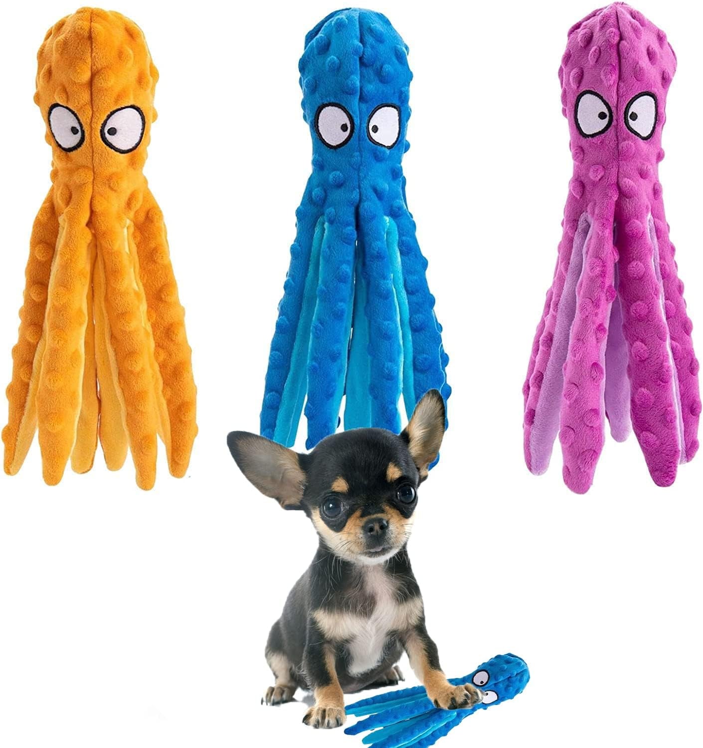 3 Pack Octopus Dog Squeaky Toys with Crinkle Paper- No Stuffing Dog Chew Toy for Puppy Teething- Soft & Durable Plush Crinkle Interactive Tots Toy for Small Medium Large Dogs (Blue+Orange+Purple)