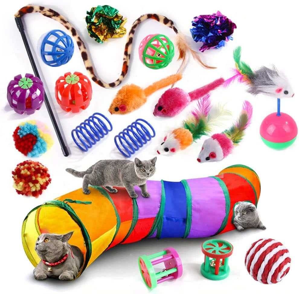 14 PCS Cat Toys Kitten Toys Set Interactive for Indoor Cats,Including Cat Toys Balls,Crinkle Balls,Cat Wand,Cat Mouse Toys