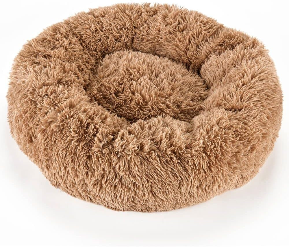 Calming Dog & Cat Bed, Anti-Anxiety Donut Dog Cuddler Bed, Warming Cozy Soft round Pet Bed, Fluffy Faux Fur Plush Cushion Bed for Dogs and Cats (Medium 24X24X8, Khaki Brown)