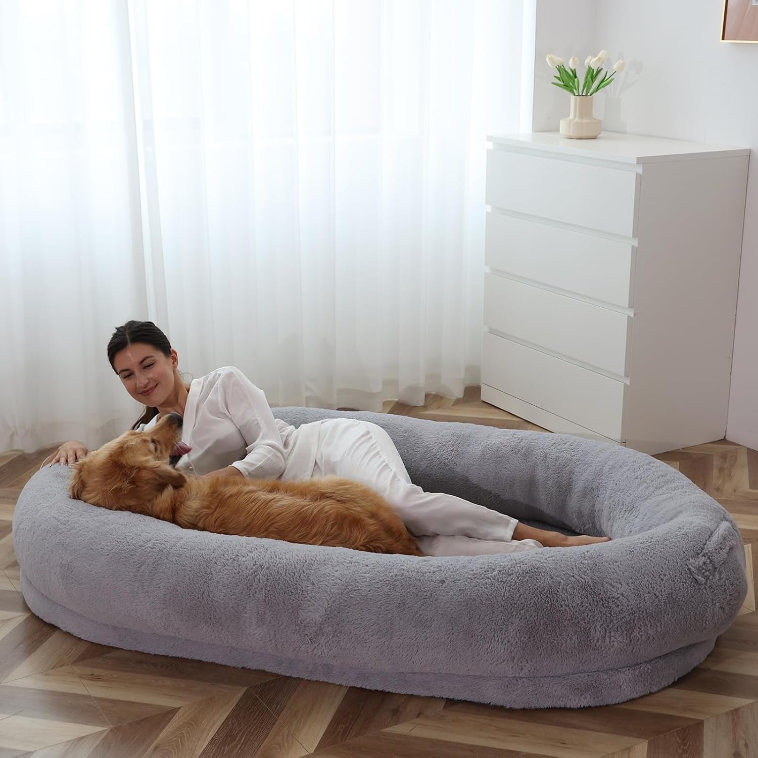 Docred Human Dog Bed, Dog Bed for Humans, 71" X 47.2" X 12" Giant Dog Bed Human Size Dog Bed with Washable Faux Fur Cover, Large Dog Bean Bag Bed for Families, Light Grey