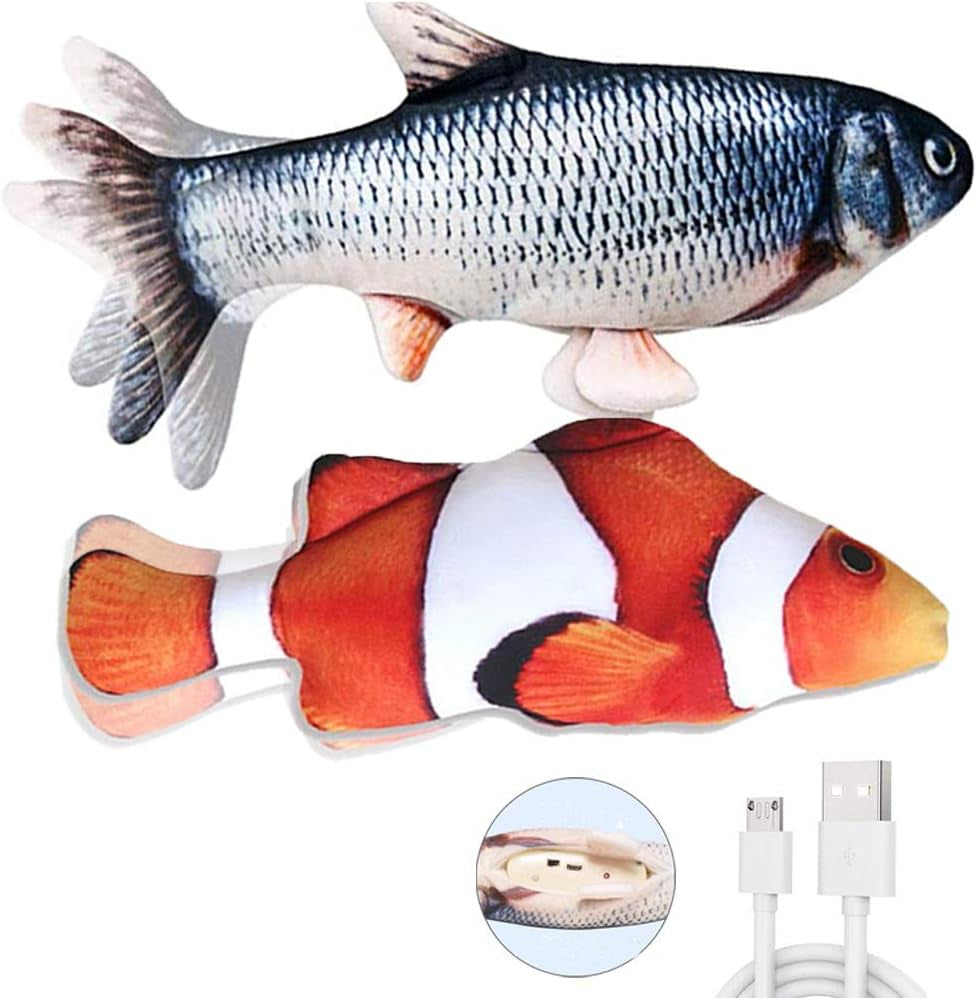 2PCS Plush Simulation Electric Doll Fish Automatic Flopping USB Rechargeable Cat Fish Toy Funny Interactive Pets Chew Bite Supplies for Cat Kitty Kitten (D)