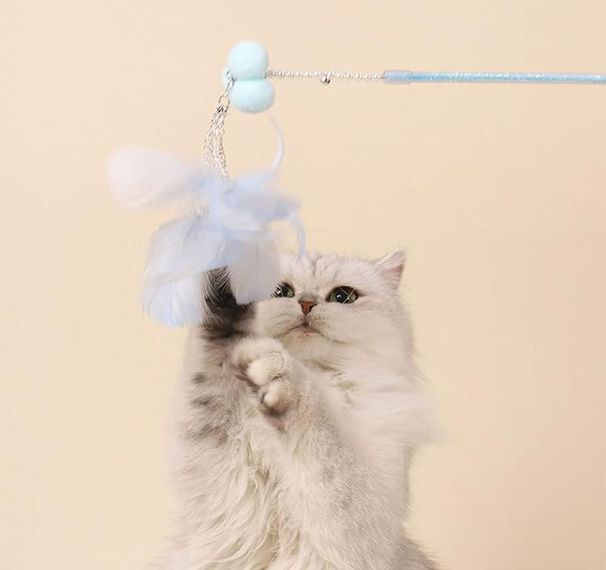 4 Pcs Cat Toy on Stick, Cat Feather Wand Toys, String Cat Toy,Cat Toys for Indoor Cats Blue