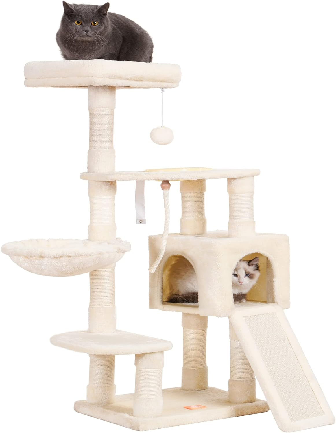 Heybly Cat Tree with Cat Self Groomer Brush, Cat Tower Condo for Indoor Cats with Padded Plush Perch,Feeding Bowl,Cat House with Basket Scratching Board Post, Light Gray HCT005SW