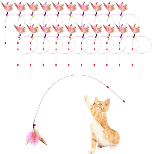 20 Pack Cat Feather Toy, Cat Toys Wand, Interactive Pet Cat Kitten Chaser Teaser Wire Wand with Bell Beads for Cat Exercise Play Fun Gifts - Wholesale