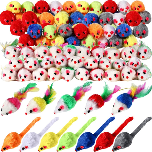 120 Pcs Fur Mice Cat Toys Catnip Mouse Toys with Rattle Sound for Cats Mini Mice for Indoor Cats Kitten Interactive Play Assorted Color