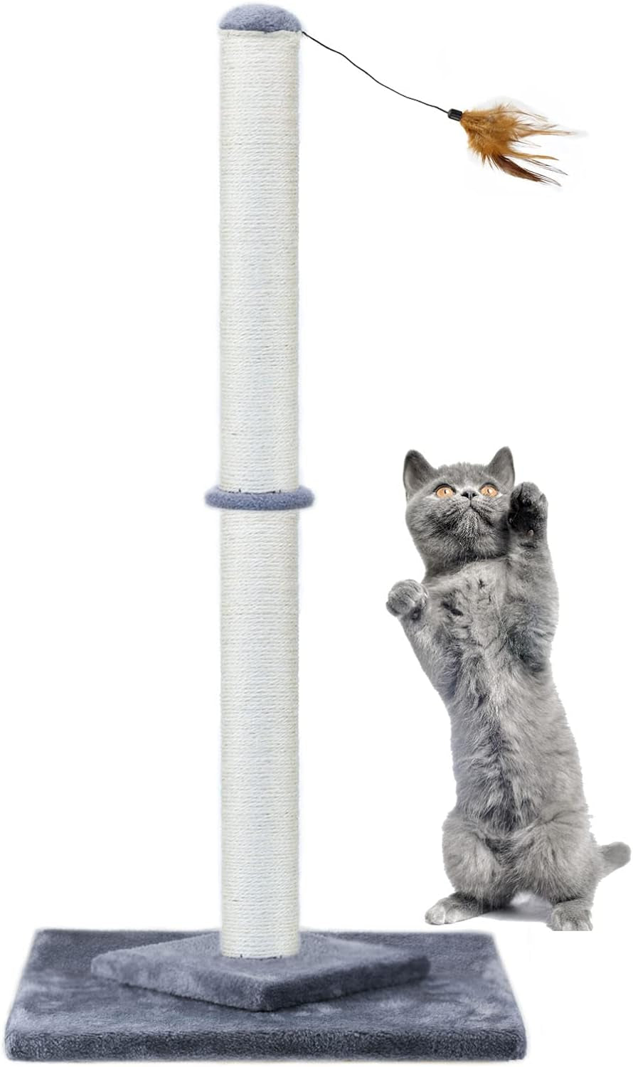 34" Tall Cat Scratching Post Double Base and Reinforcement Design,Sisal Scratch Posts Trees with Feather Toys for Indoor Cats(Beige