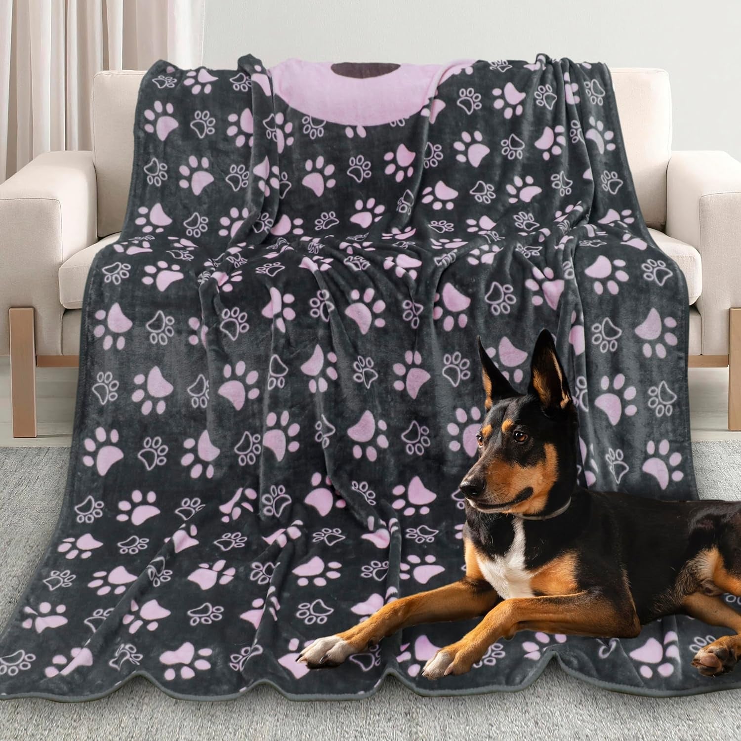 Dog Blanket, Grey Pink Flannel Fleece Blanket for Small Medium Dogs, Pet Puppy Blankets Gift for Kitten Cat, Cute Paw Print Blanket for Bed Cover, Couch, Crate, 41X31 Inch