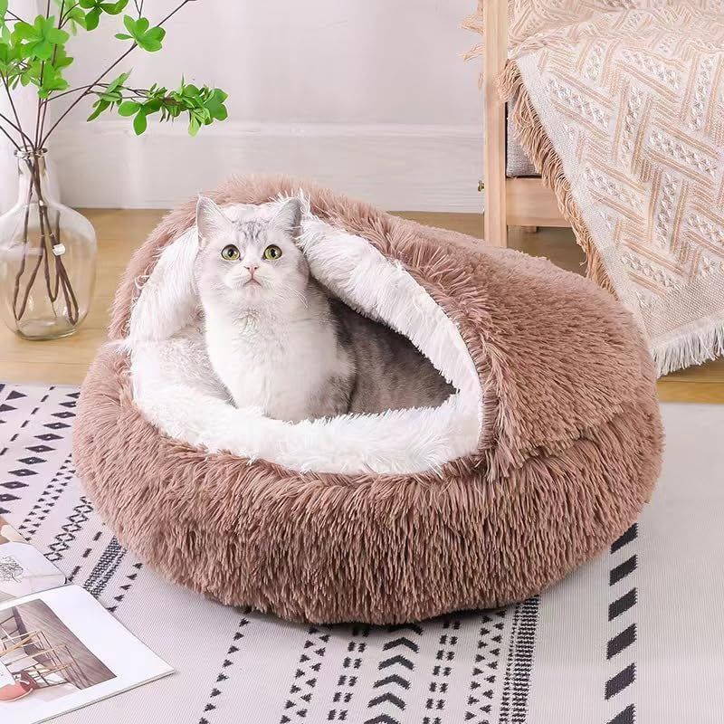 Fluffy Hooded round Cat Bed Cave with Hooded Blanket for Indoor Cats, Dog Beds for Small Dogs, Anti-Anxiety, Cozy Cuddler Luxury Puppy Bed, Anti-Slip Bottom and Machine Washable