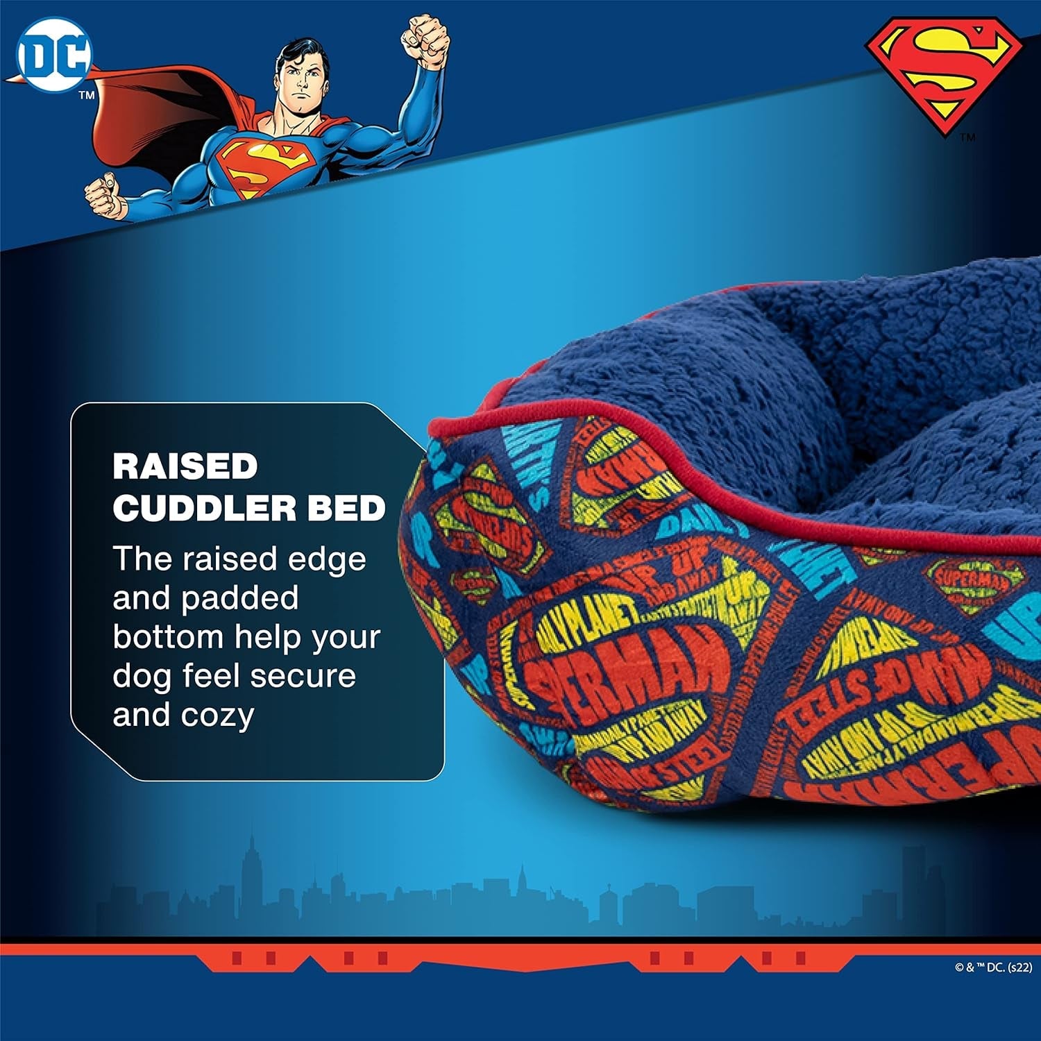 DC Comics for Pets Superman Logo Cuddler Dog Bed | Soft and Comfortable Superhero Cozy Cuddler Dog Bed for Pets | Blue and Red Elevated Dog Bed 24 X 19 X 8