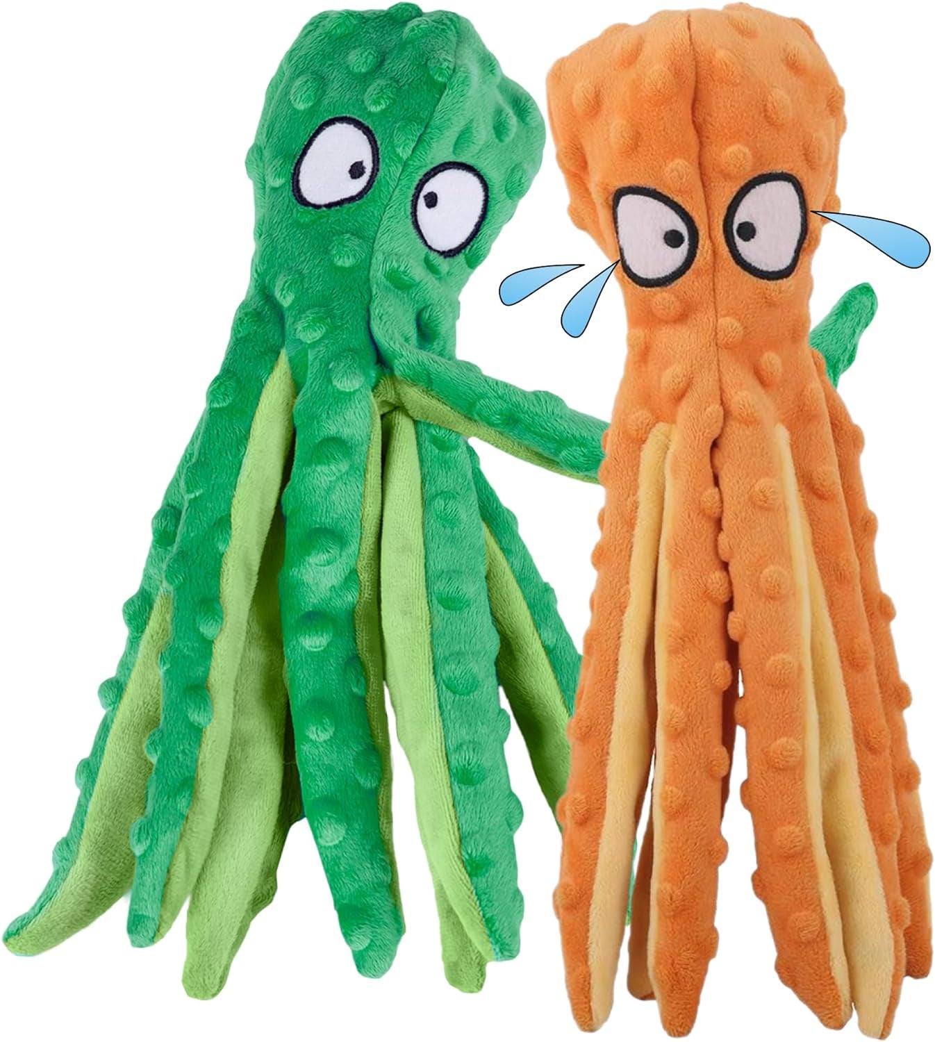 2 Pack Squeaky Dog Toys, Octopus Plush Dog Toys No Stuffing Crinkle Pet Toys for Small, Medium, Large Dogs Teething, Durable Aggressive Chewers (Green + Orange Octopus)